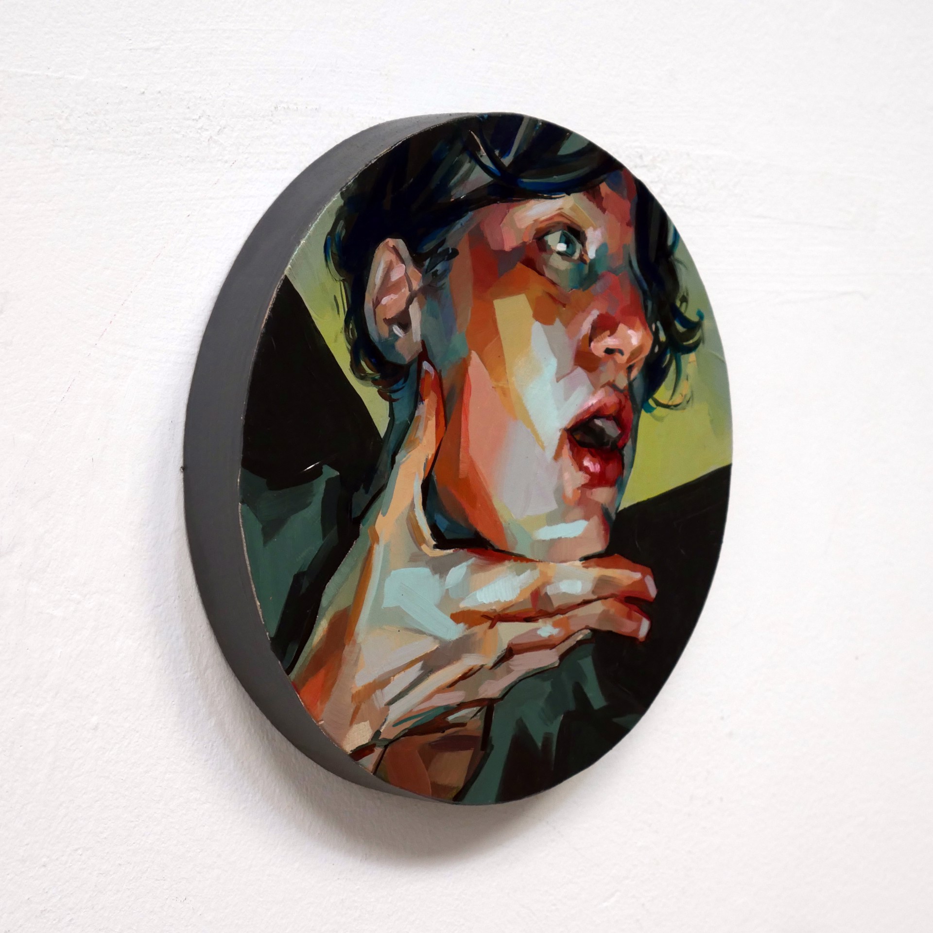 A painting of a woman with her hand on her chin.