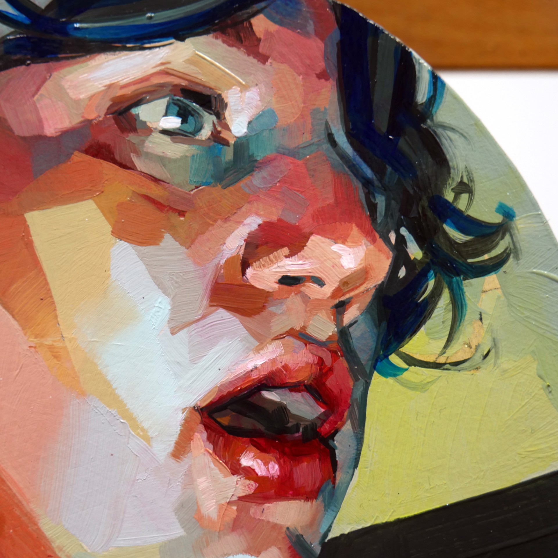 A painting of a woman with her hand on her chin.