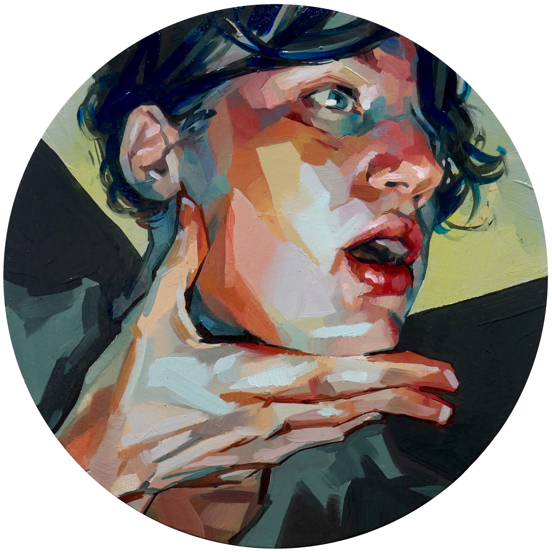 A painting of a woman with her hand on her chin.