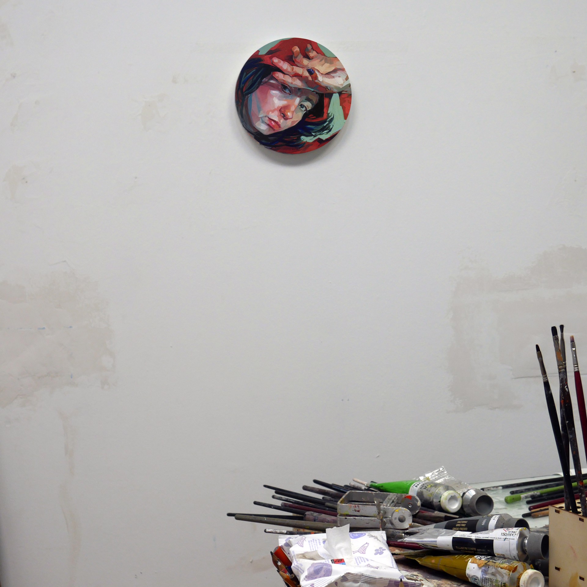 A painting of a woman with her hand on her head.