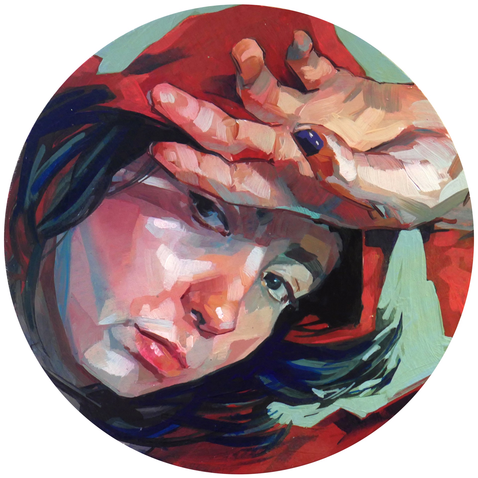 A painting of a woman with her hand on her head.