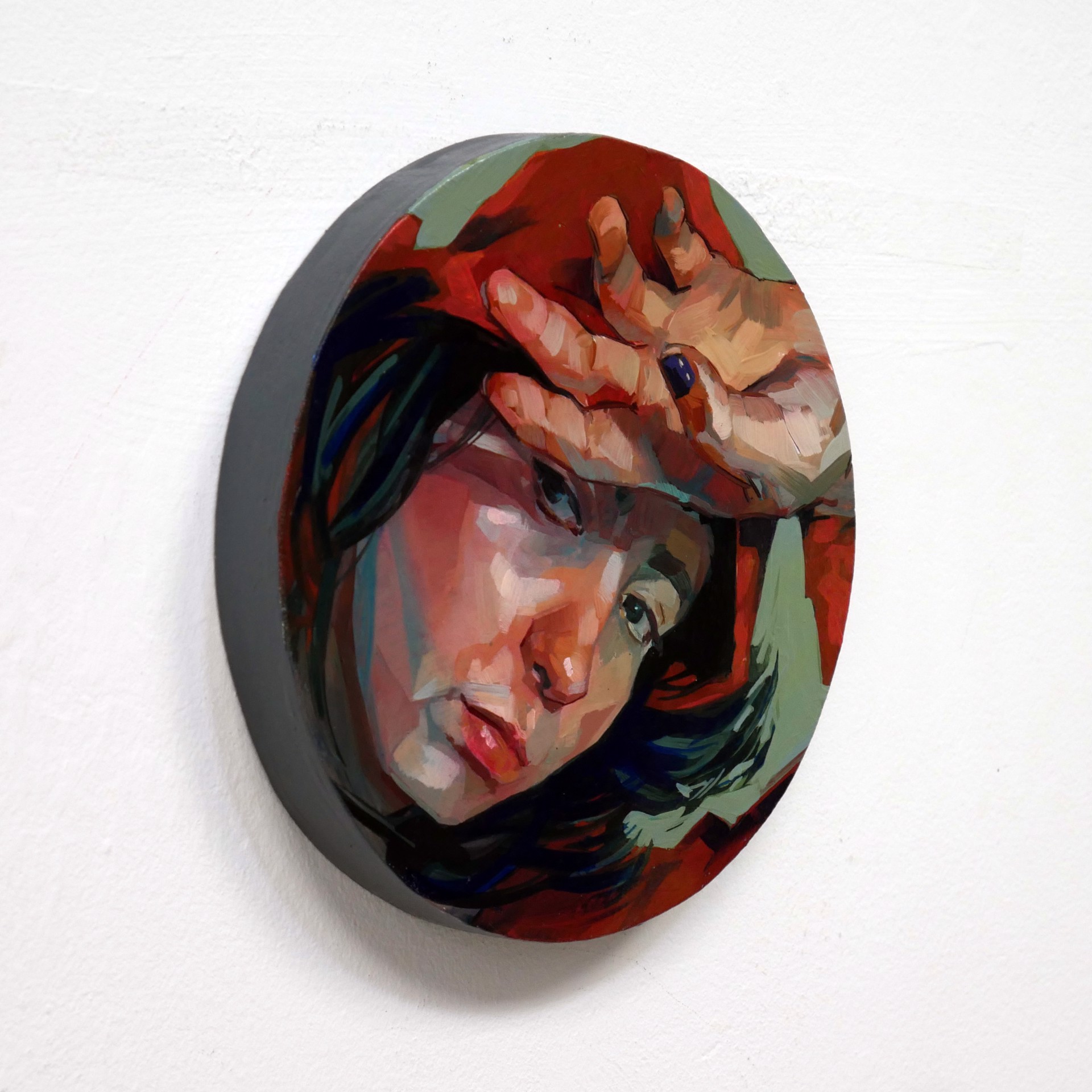 A painting of a woman with her hand on her head.