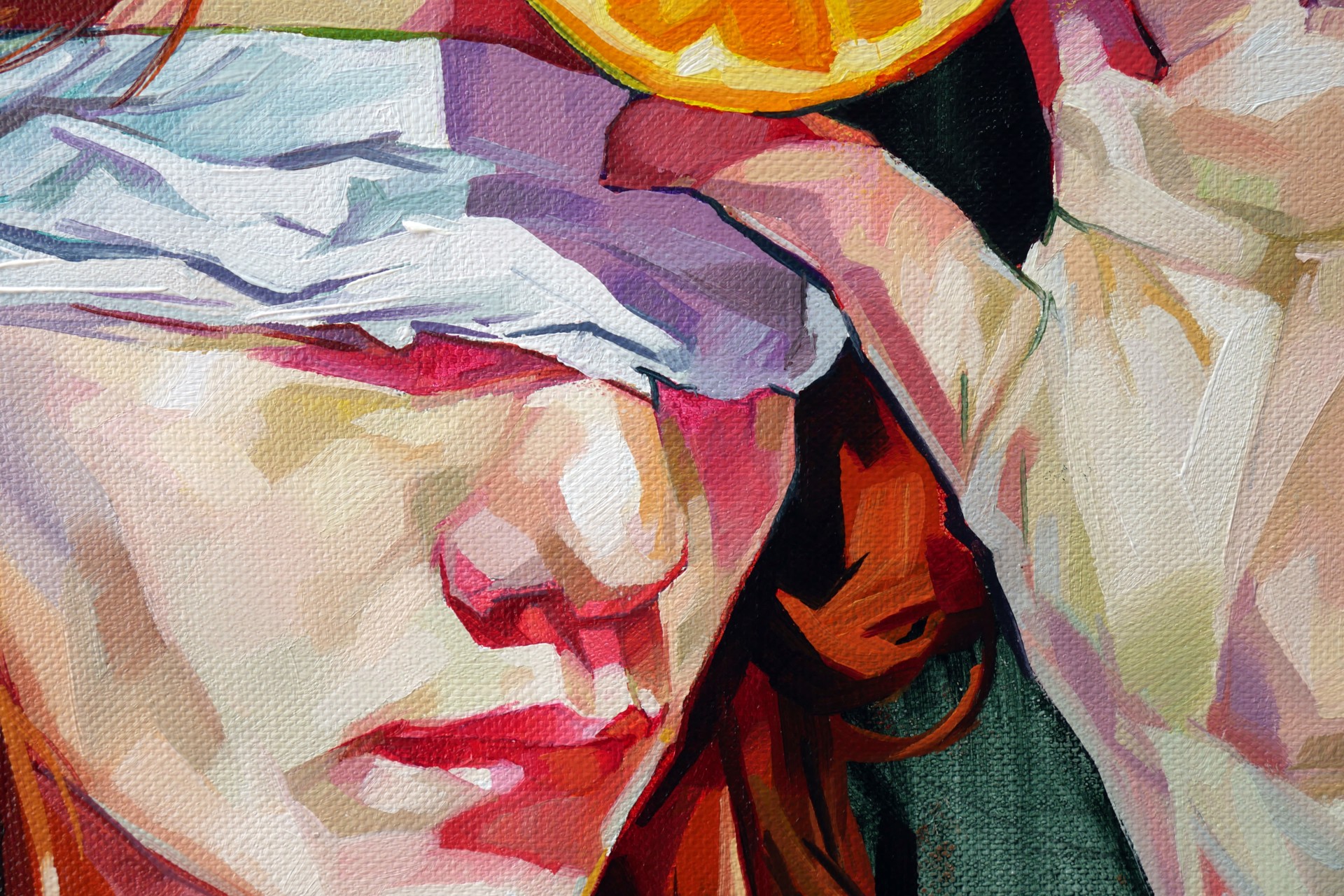 A portrait of a figure with red hair, blindfolded and holding an orange slice over their eye.