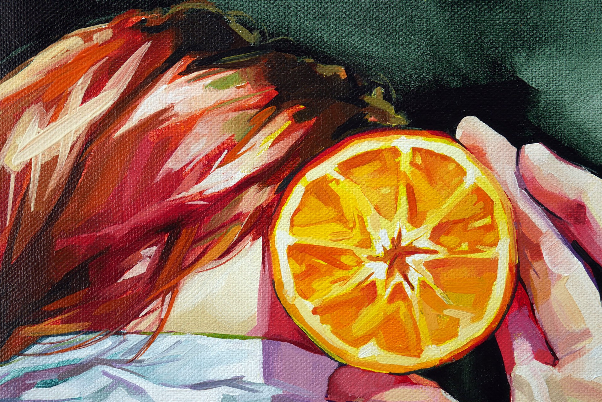 A portrait of a figure with red hair, blindfolded and holding an orange slice over their eye.