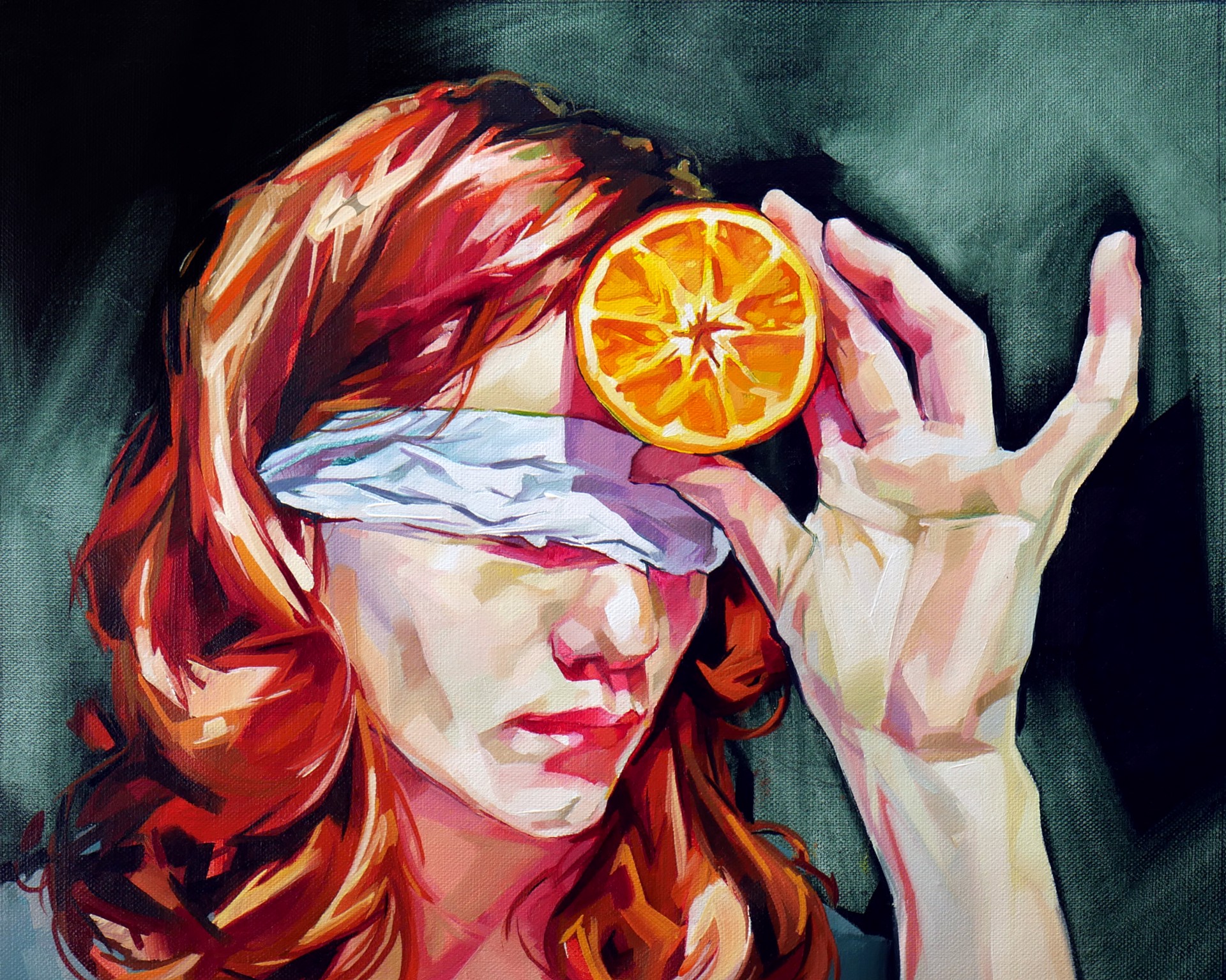 A portrait of a figure with red hair, blindfolded and holding an orange slice over their eye.