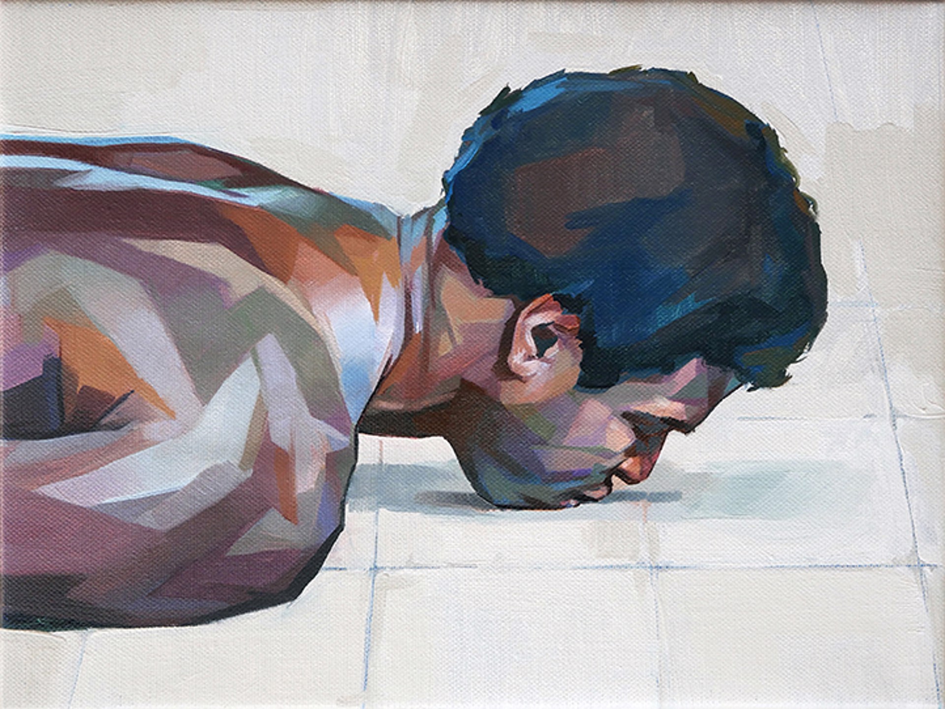 A painting of a man laying on the floor.