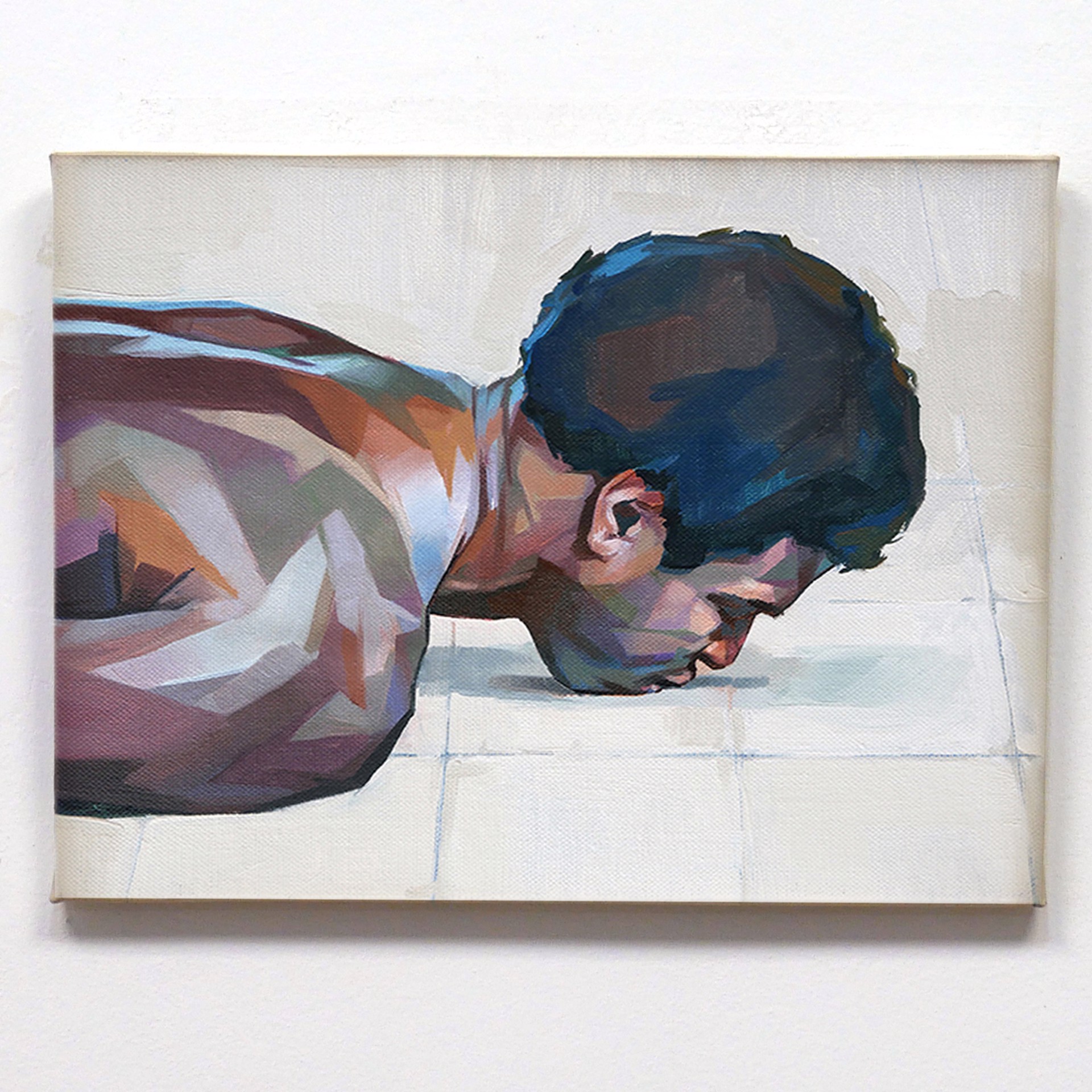 A painting of a man laying on the floor.
