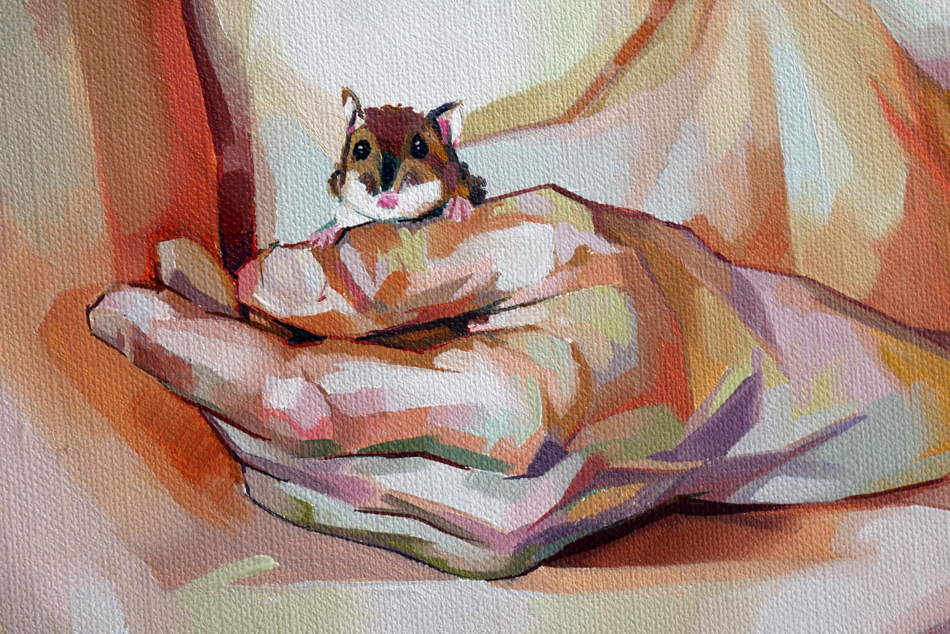 A small rodent rests in the cupped hands of a nude figure, rendered in warm, painterly tones.
