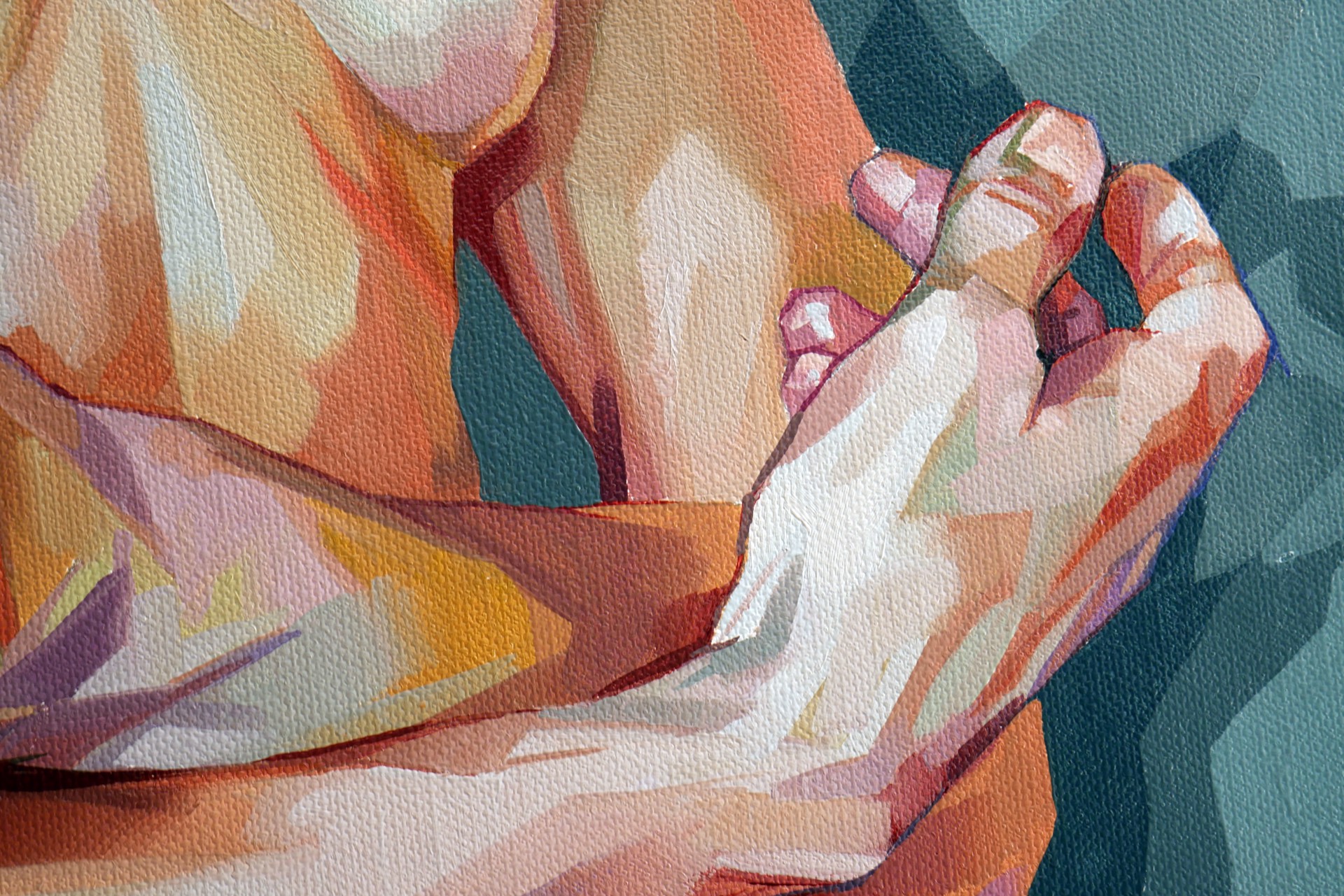 A small rodent rests in the cupped hands of a nude figure, rendered in warm, painterly tones.