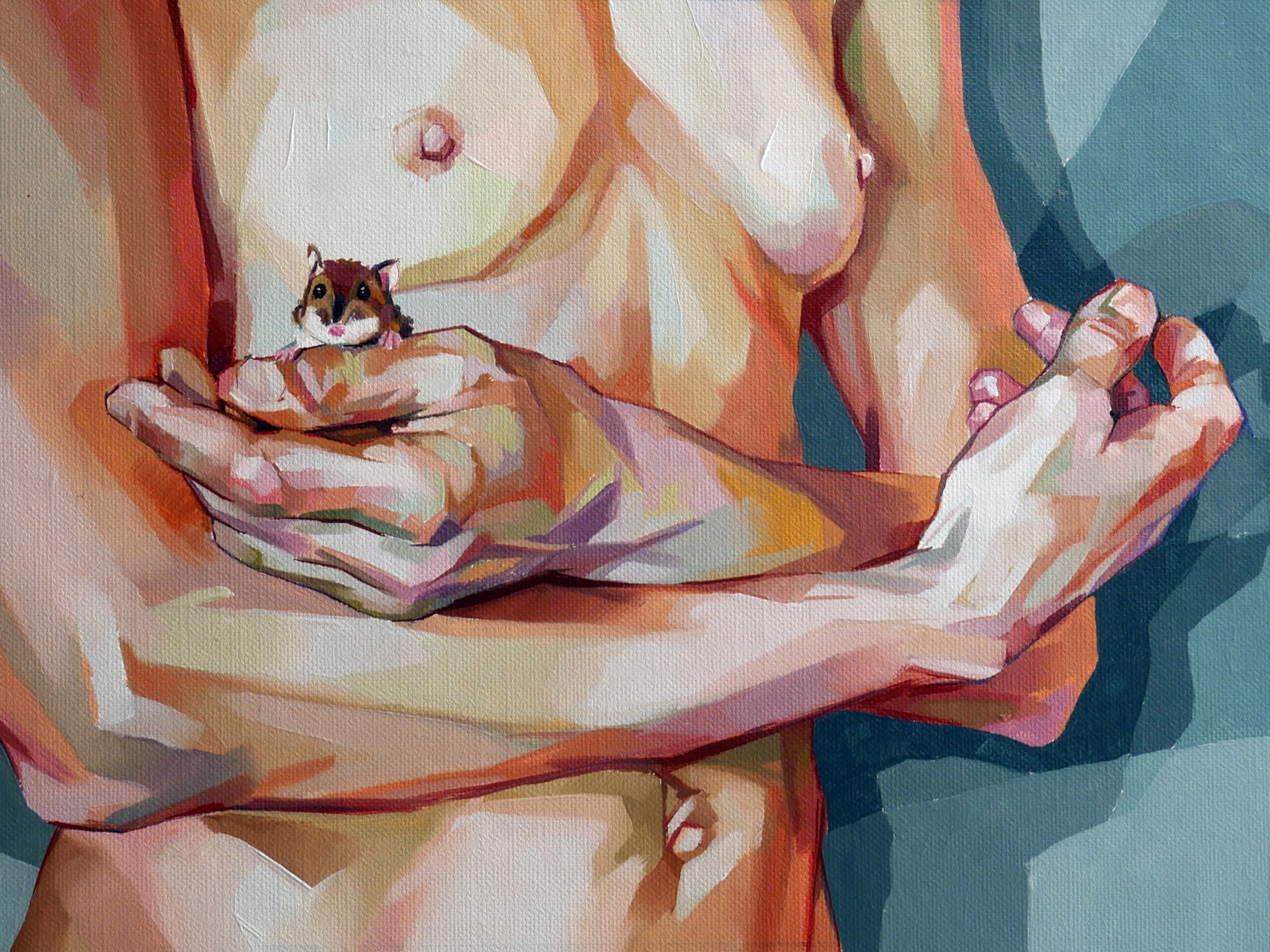 A small rodent rests in the cupped hands of a nude figure, rendered in warm, painterly tones.