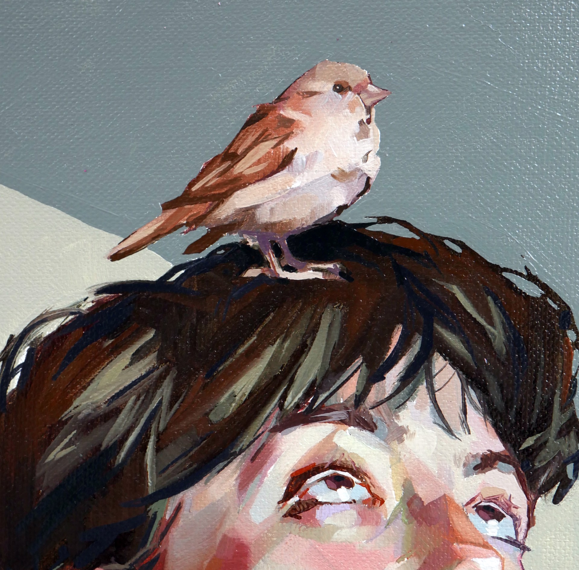 A nude figure with a bird perched on their head, rendered in a painterly style against a muted background.