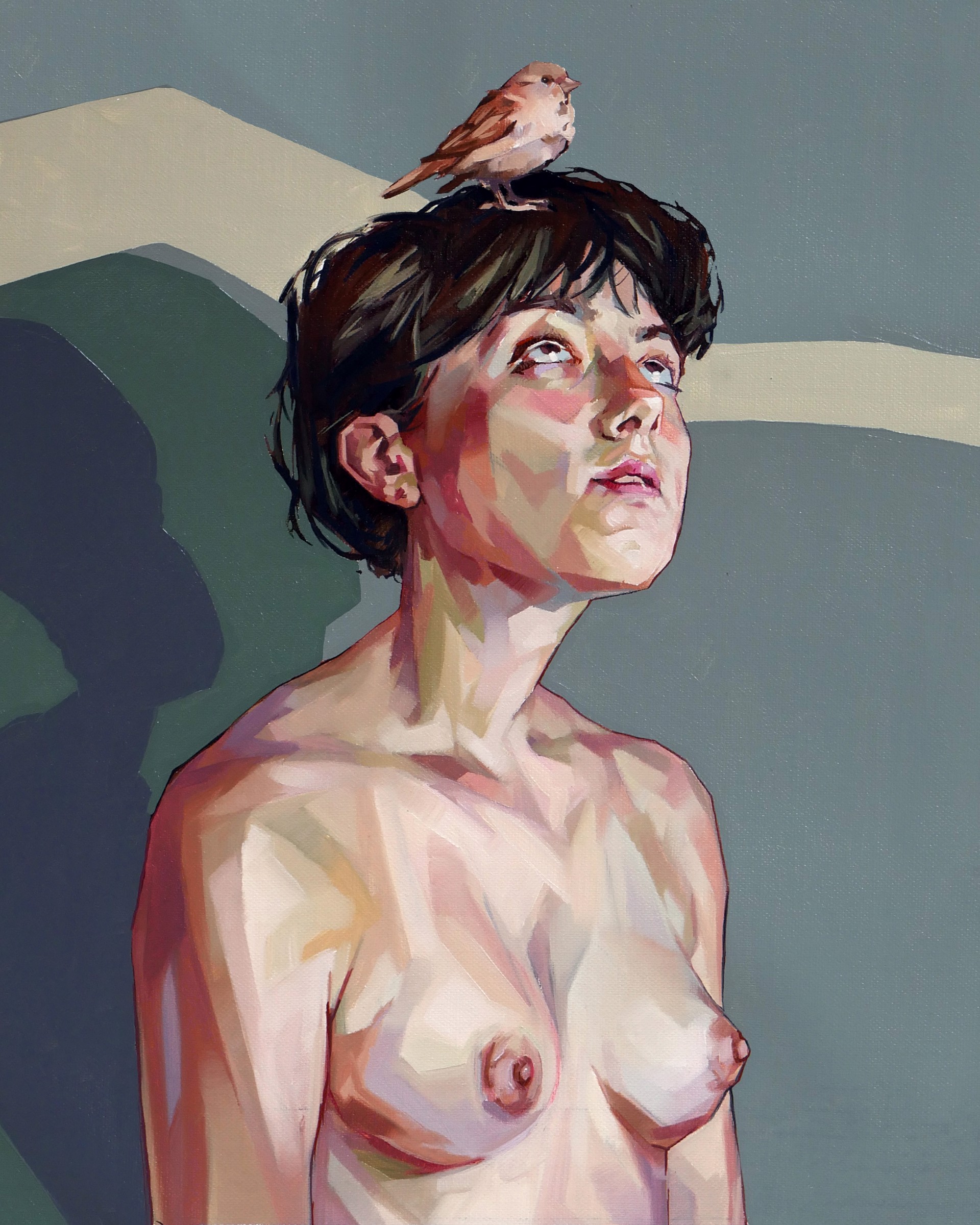A nude figure with a bird perched on their head, rendered in a painterly style against a muted background.
