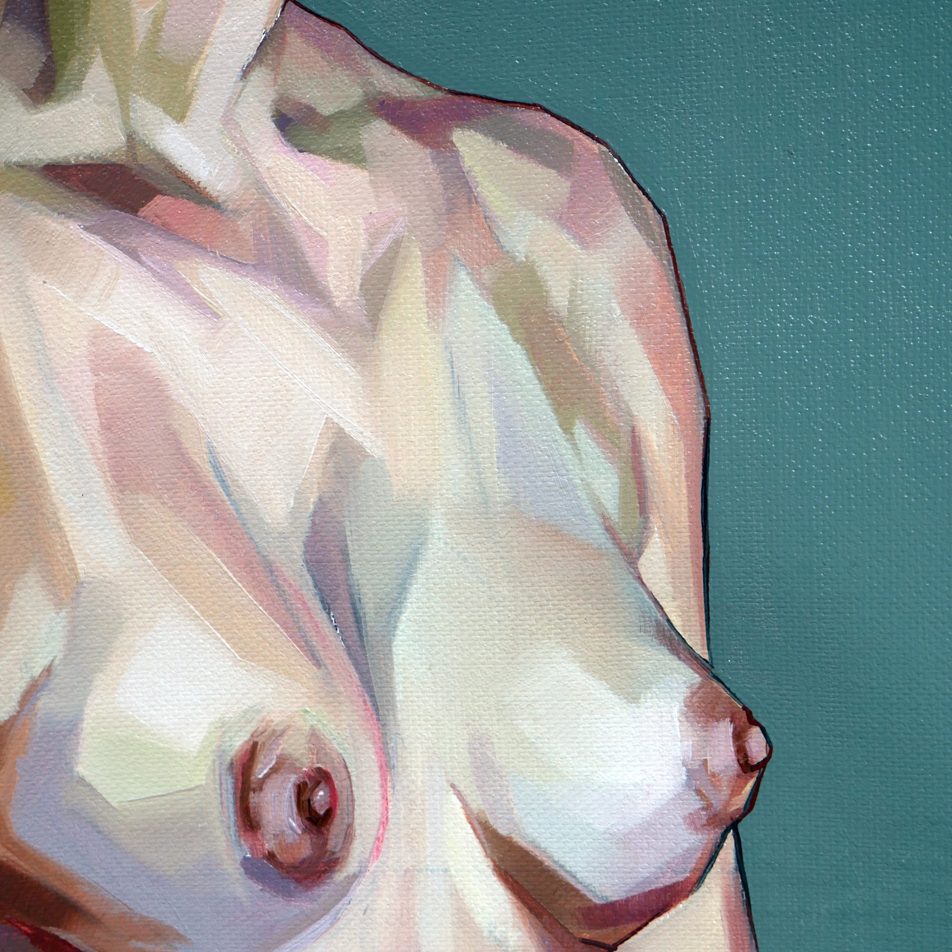 A nude figure with a bird perched on their head, rendered in a painterly style against a muted background.