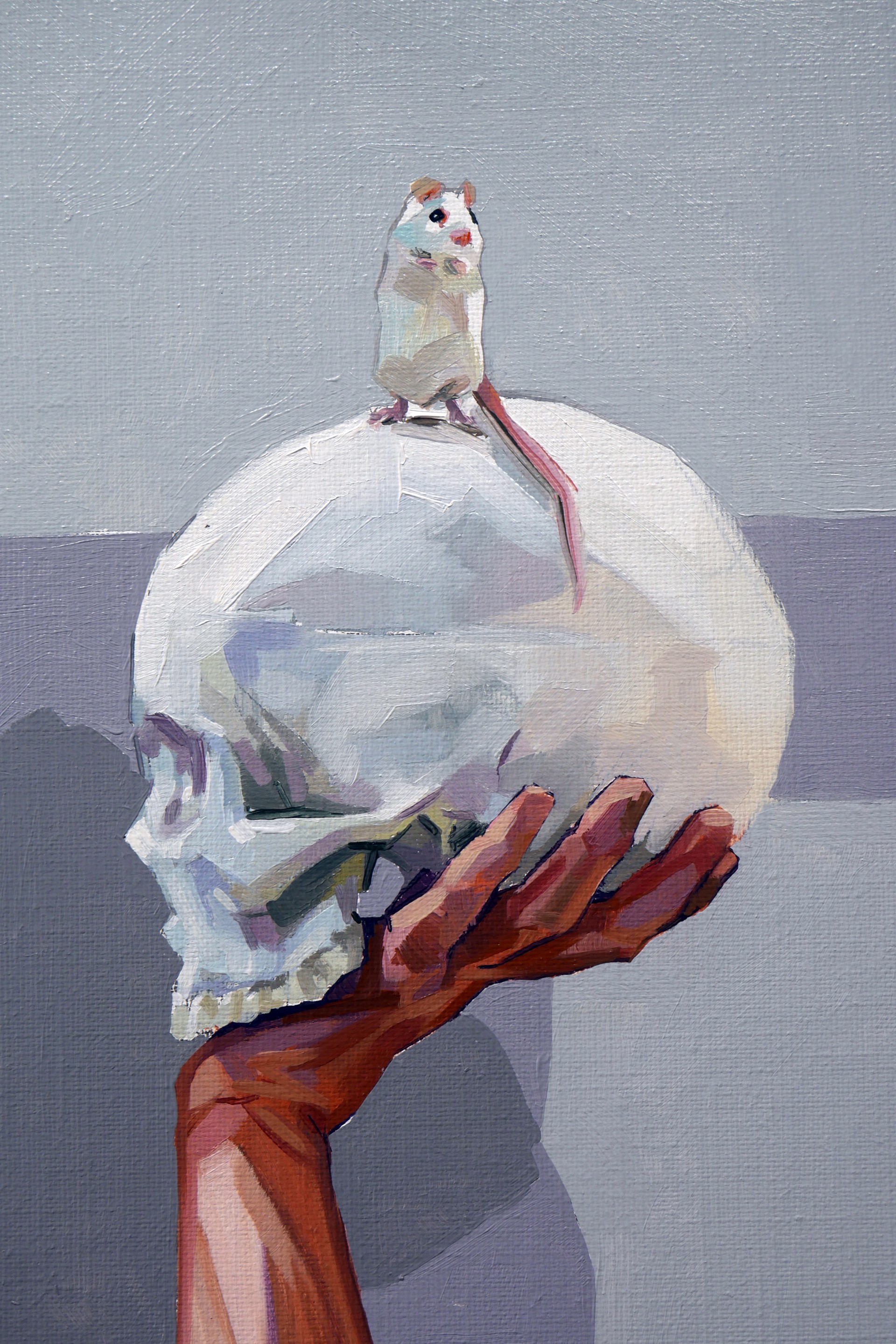 A figure holds a skull with a small rodent perched on top, rendered in a painterly style with warm skin tones against a cool grey background.