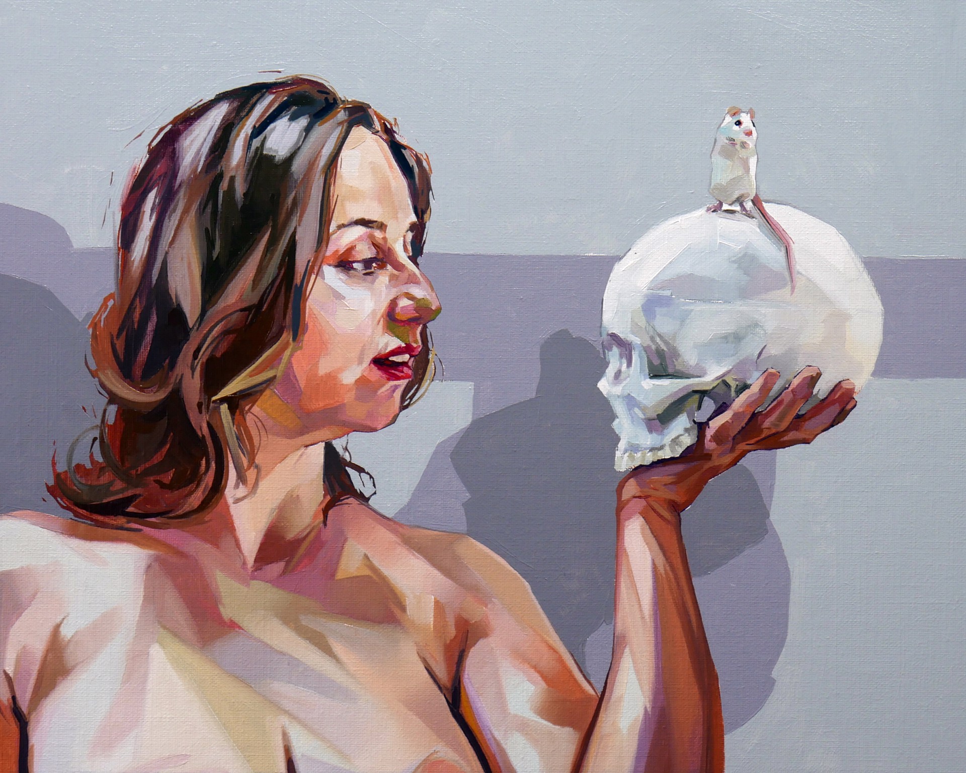A figure holds a skull with a small rodent perched on top, rendered in a painterly style with warm skin tones against a cool grey background.