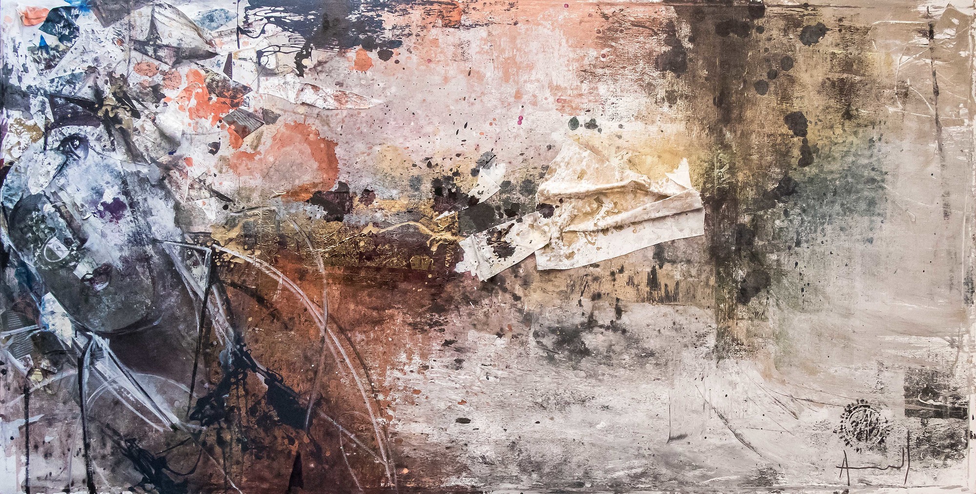 A textured abstract composition featuring a fragmented face-like form amidst a chaotic, layered background of paper and paint.