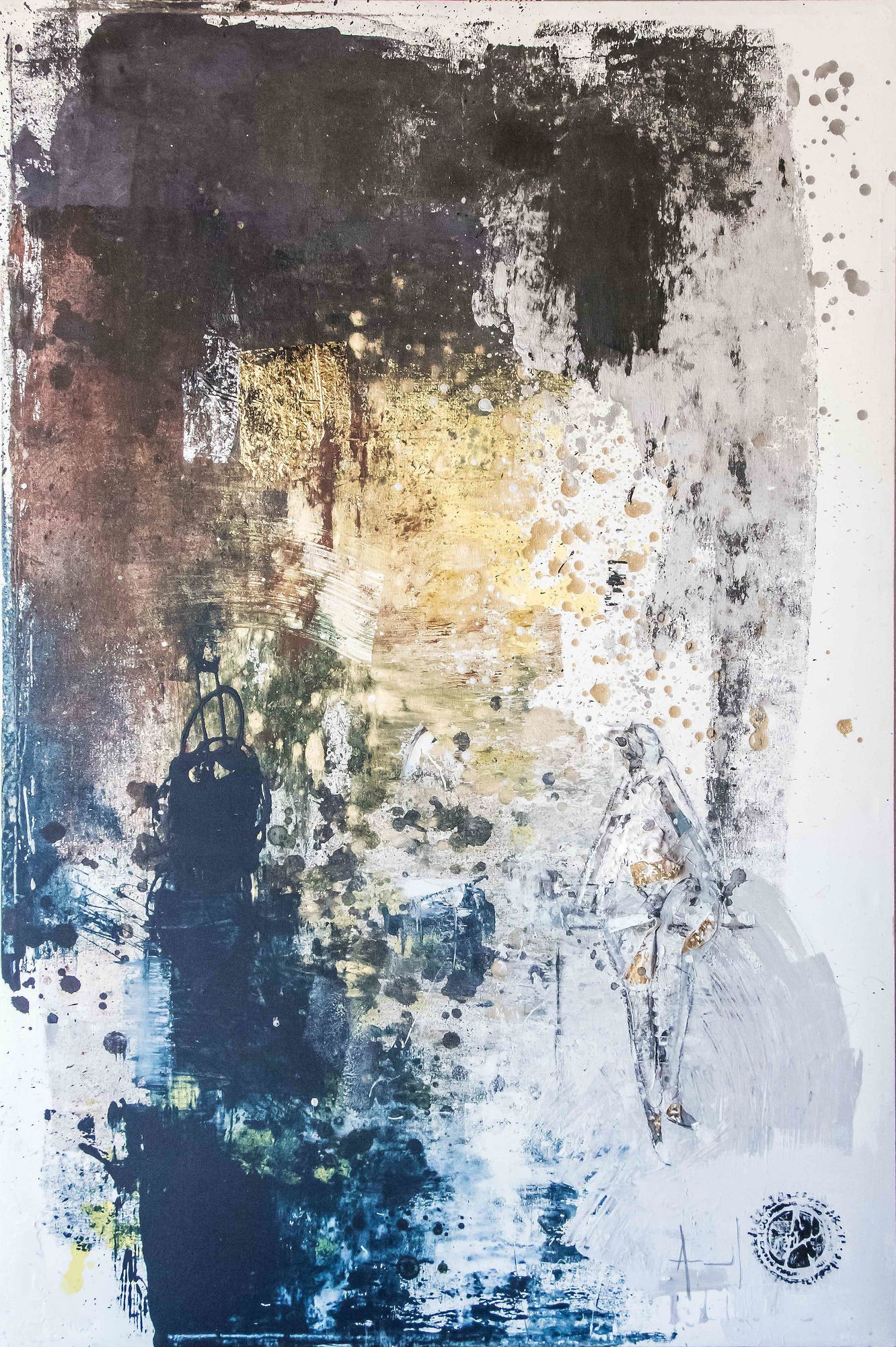A vertical abstract composition featuring a dark silhouette and a light figure amidst splattered textures.