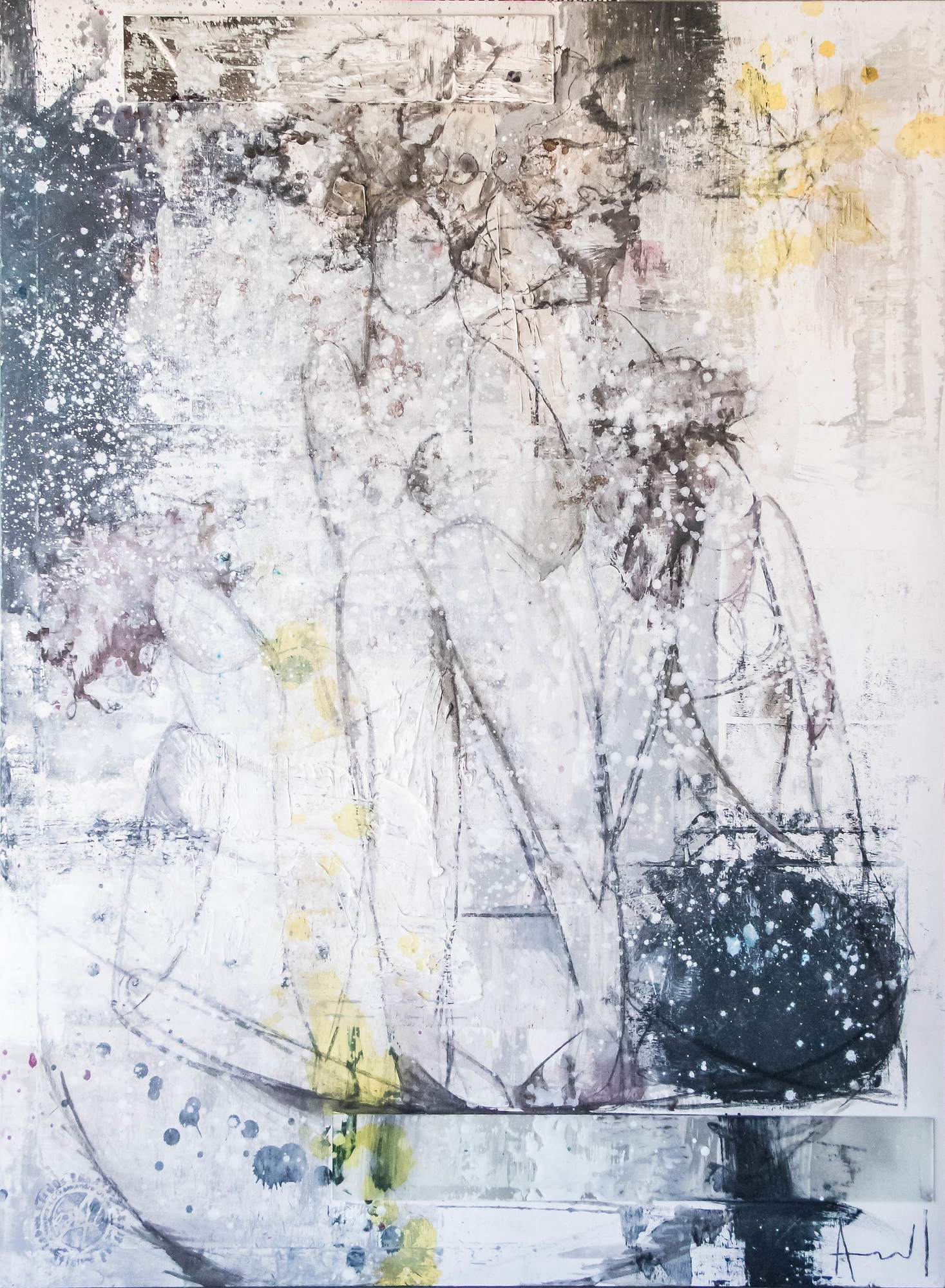 An abstract, textured portrait of a seated figure rendered in muted tones and splattered paint.