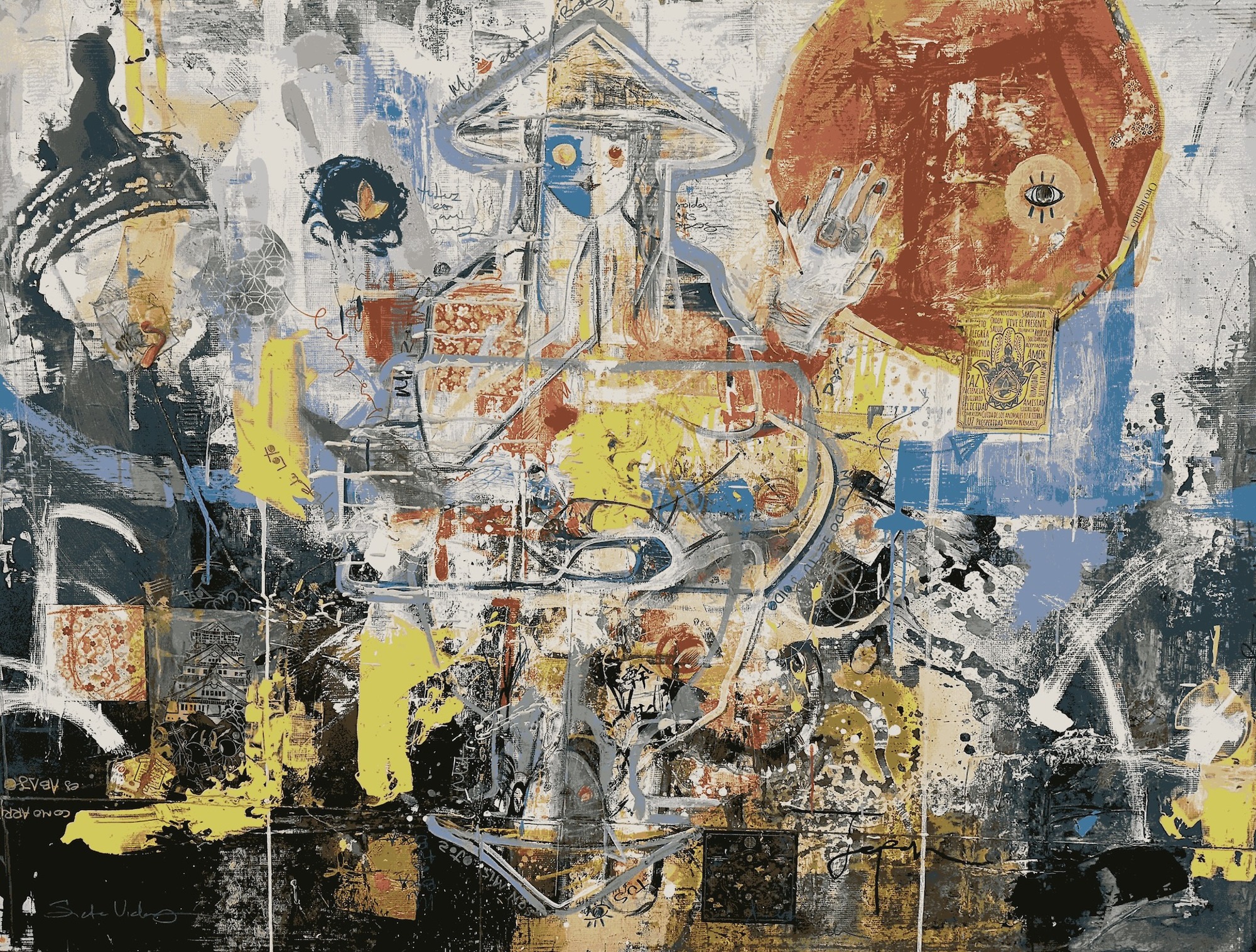 A chaotic mixed-media collage featuring a central figure in a conical hat amidst abstract textures and symbols.