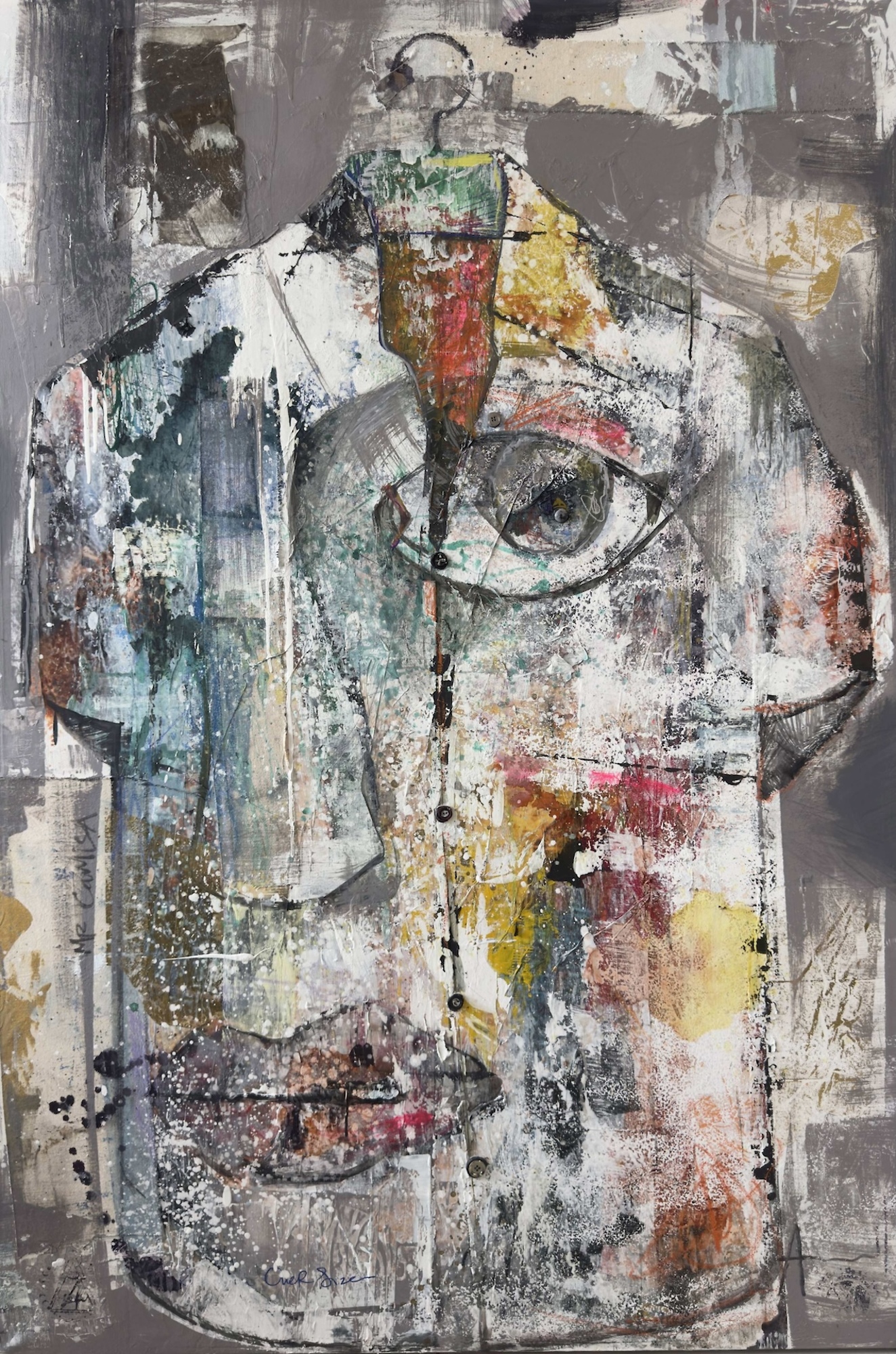 A textured, abstract portrait of a person wearing a shirt on a hanger.