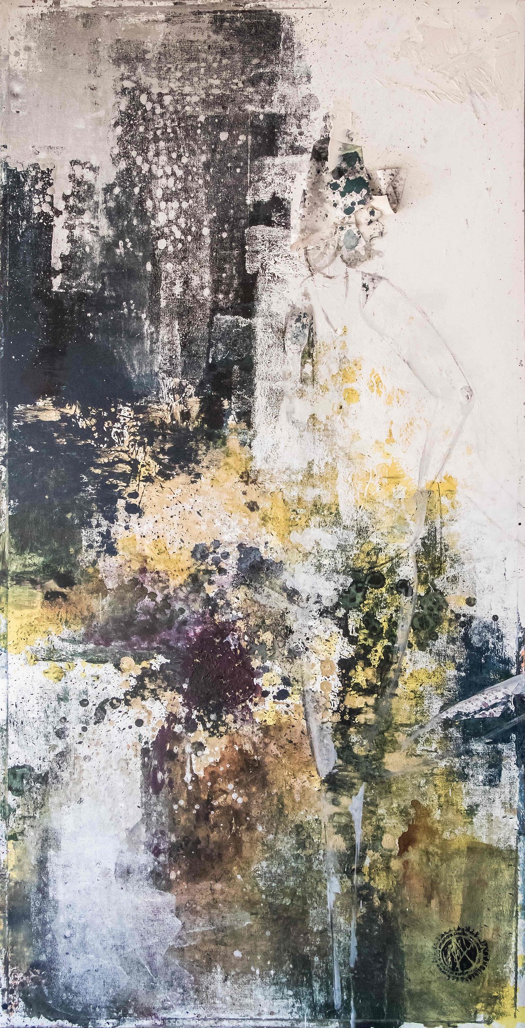 An abstract mixed-media artwork featuring a ghostly figure emerging from a chaotic, textured landscape of dark and earthy tones.
