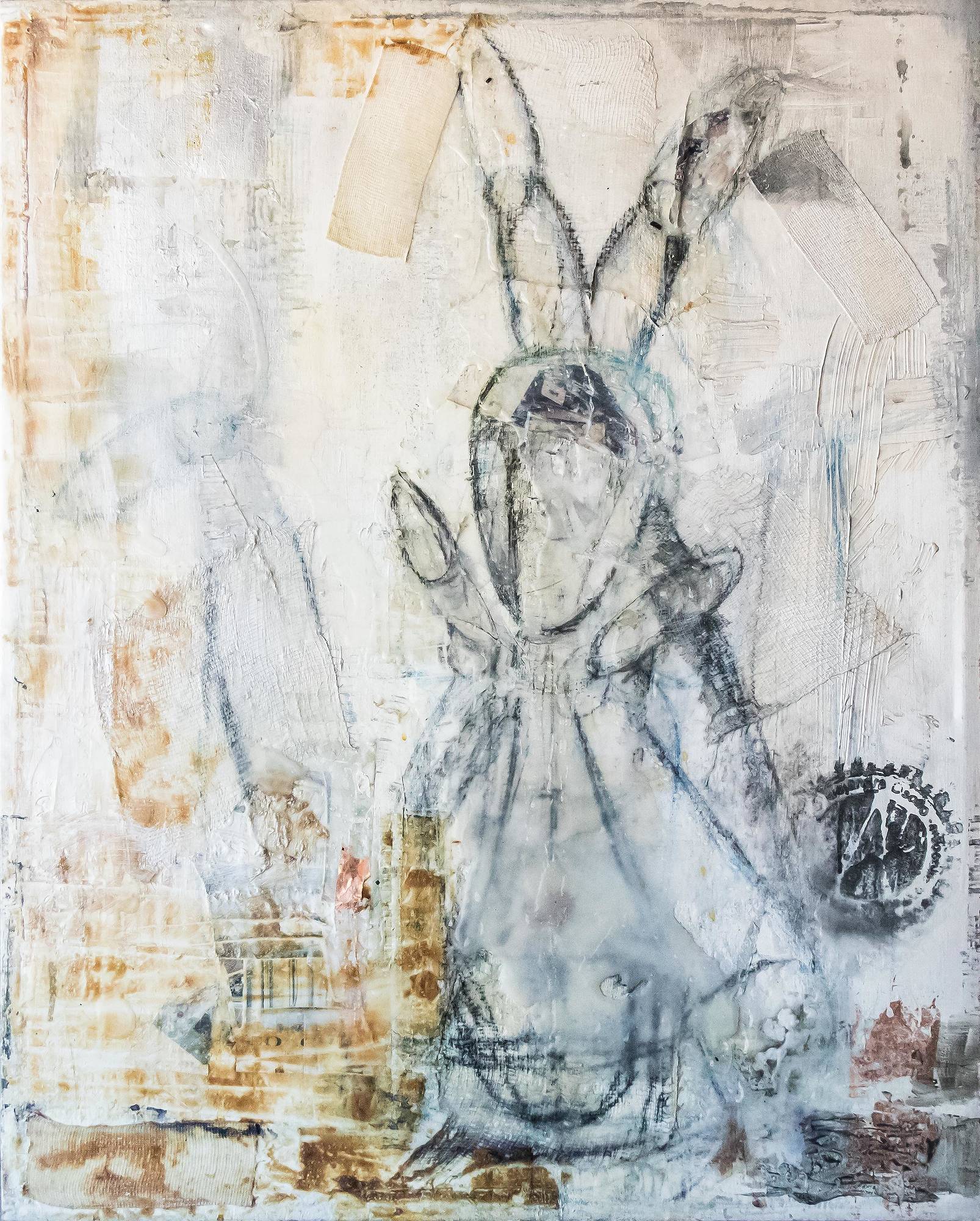 A mixed-media collage featuring a central rabbit figure surrounded by textured, abstract elements.