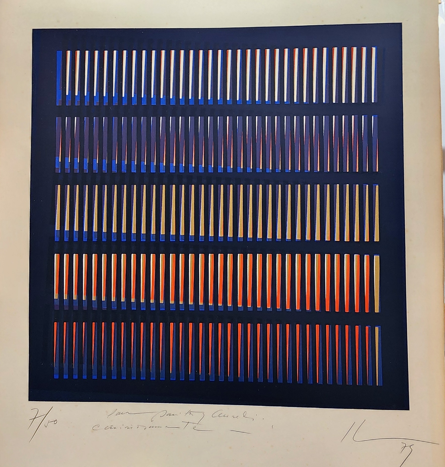 A blue and orange striped pattern on a piece of paper.