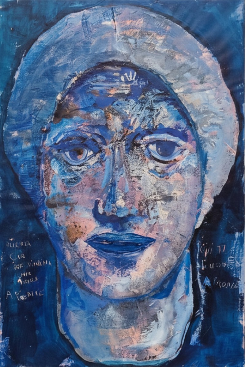 A textured blue portrait of a face with an ornate halo, rendered in expressive brushstrokes.