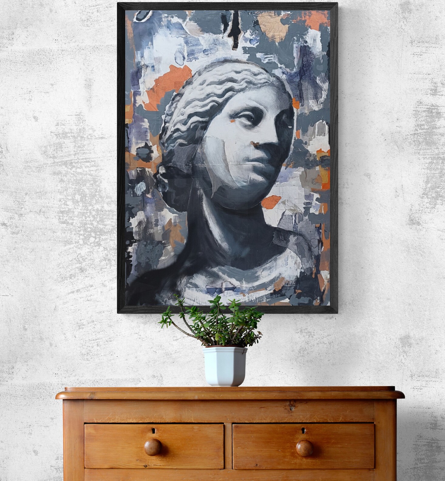 A classical bust portrait rendered in a modern, abstracted style against a textured background.