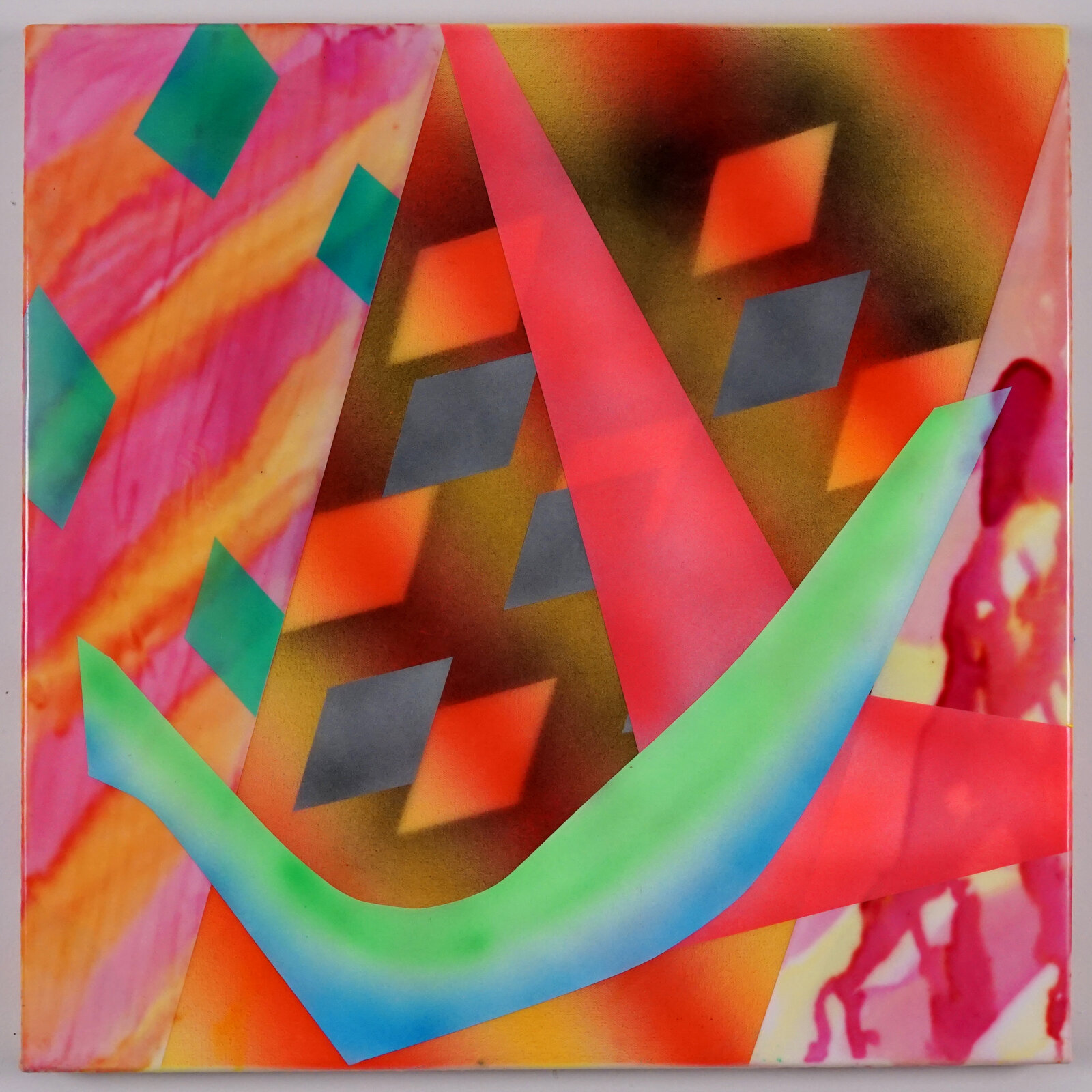 A vibrant abstract composition featuring layered geometric shapes and a rainbow gradient curve against a colorful background.