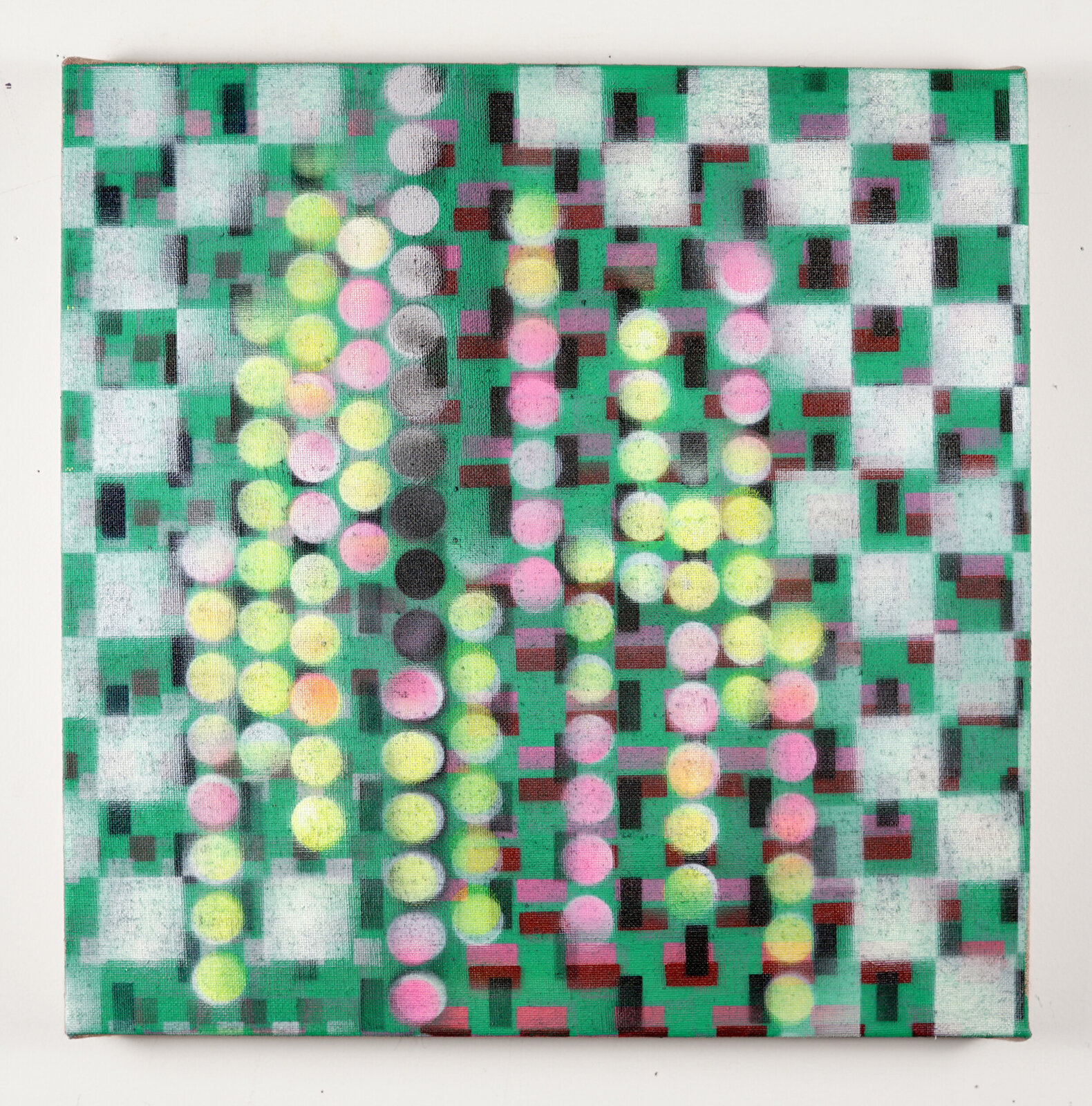 A digital glitch art piece featuring a pixelated green background with vertical columns of soft, glowing circles.