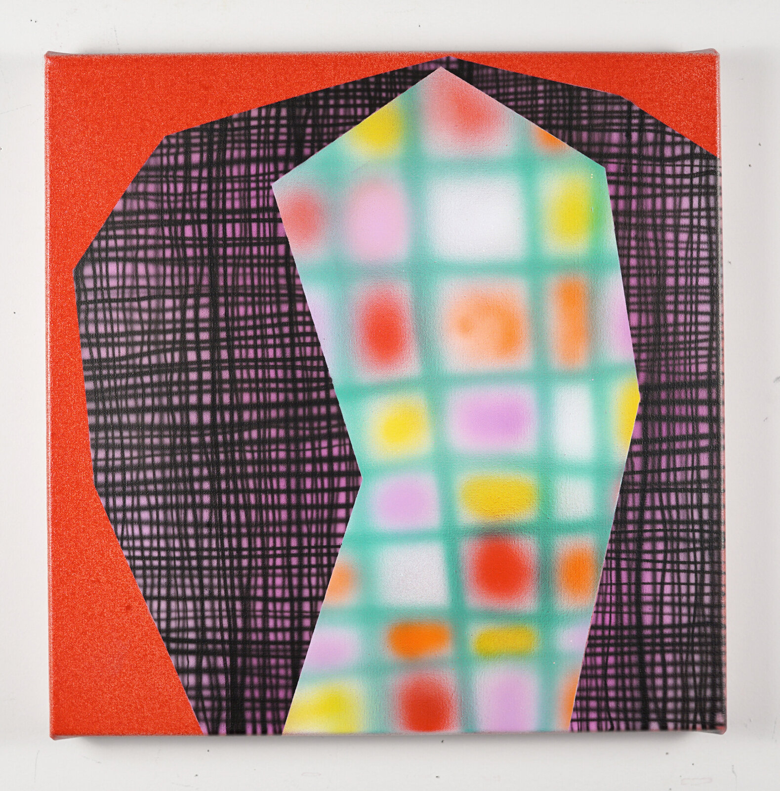 A geometric abstract composition featuring a central grid pattern emerging from a layered, textured background.