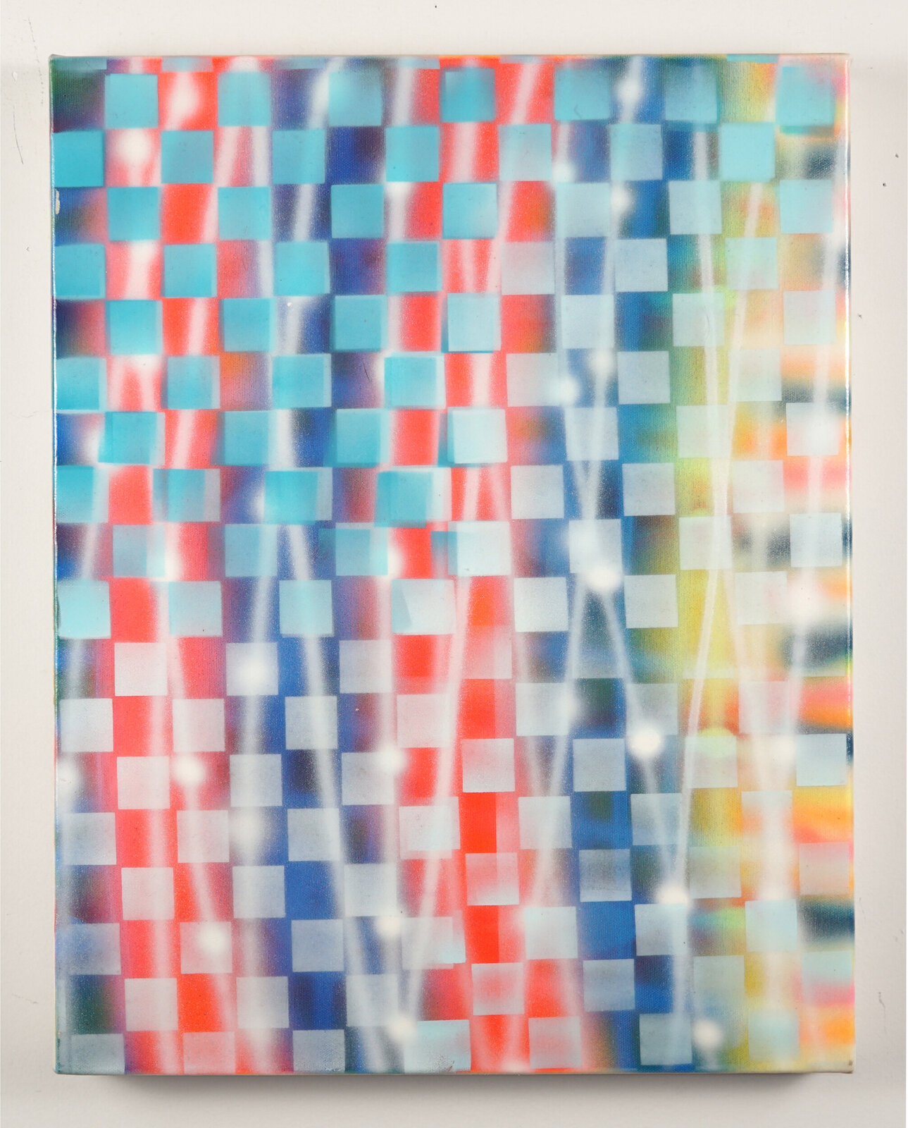 A colorful abstract canvas featuring a grid of translucent squares overlaid with vertical light streaks.