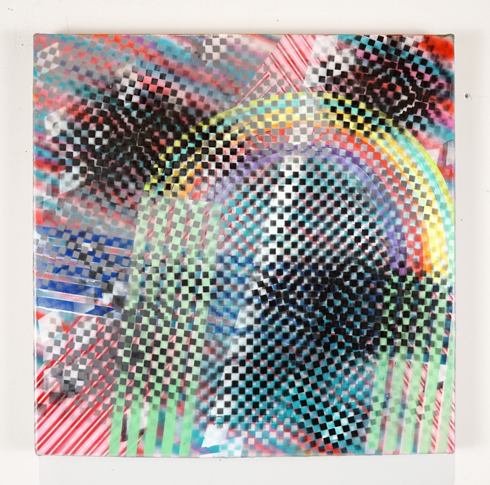 A vibrant abstract composition featuring a central spiral of black and white checkered squares surrounded by colorful geometric patterns.