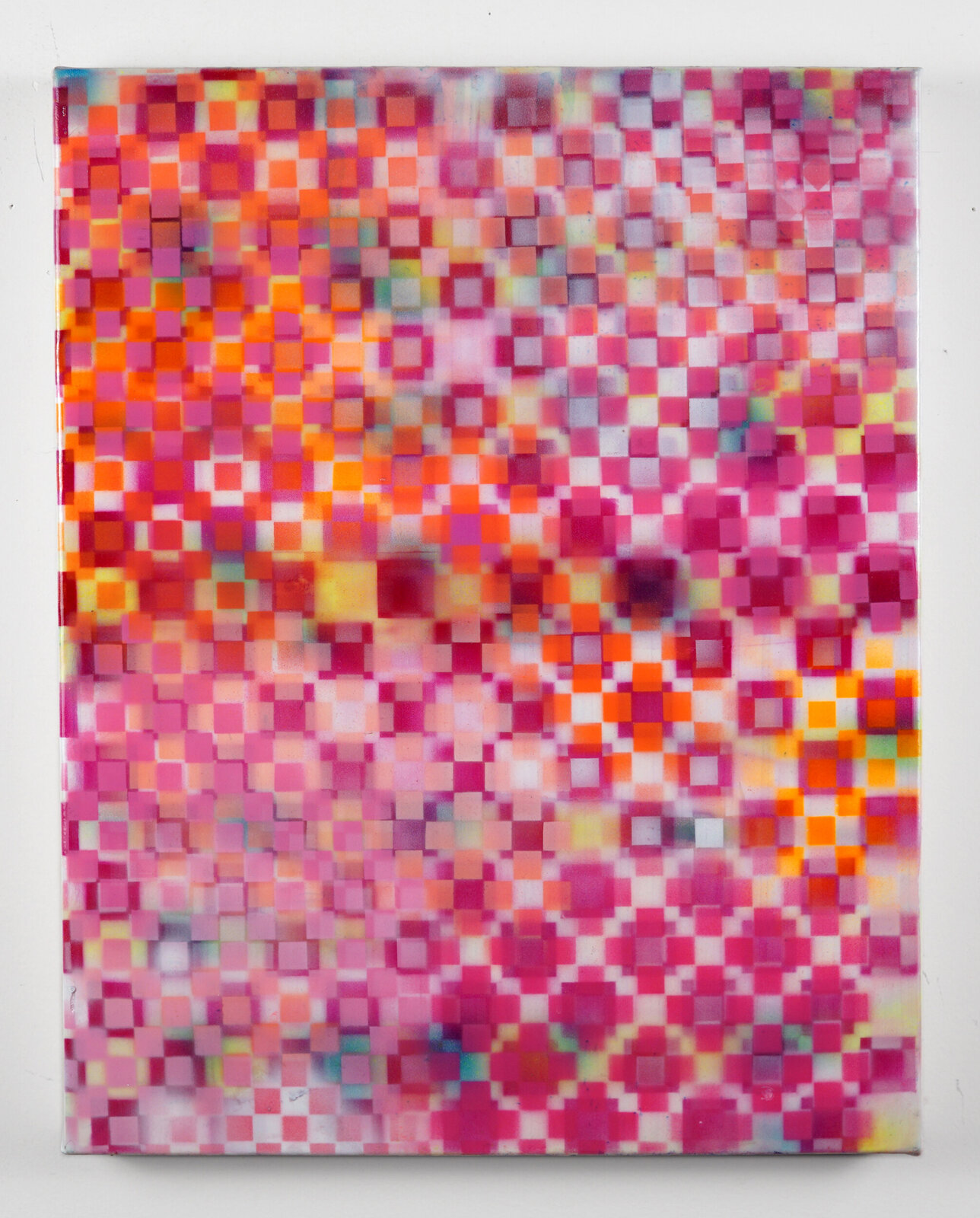 A pixelated portrait rendered in a vibrant mosaic of pink, orange, and yellow squares.