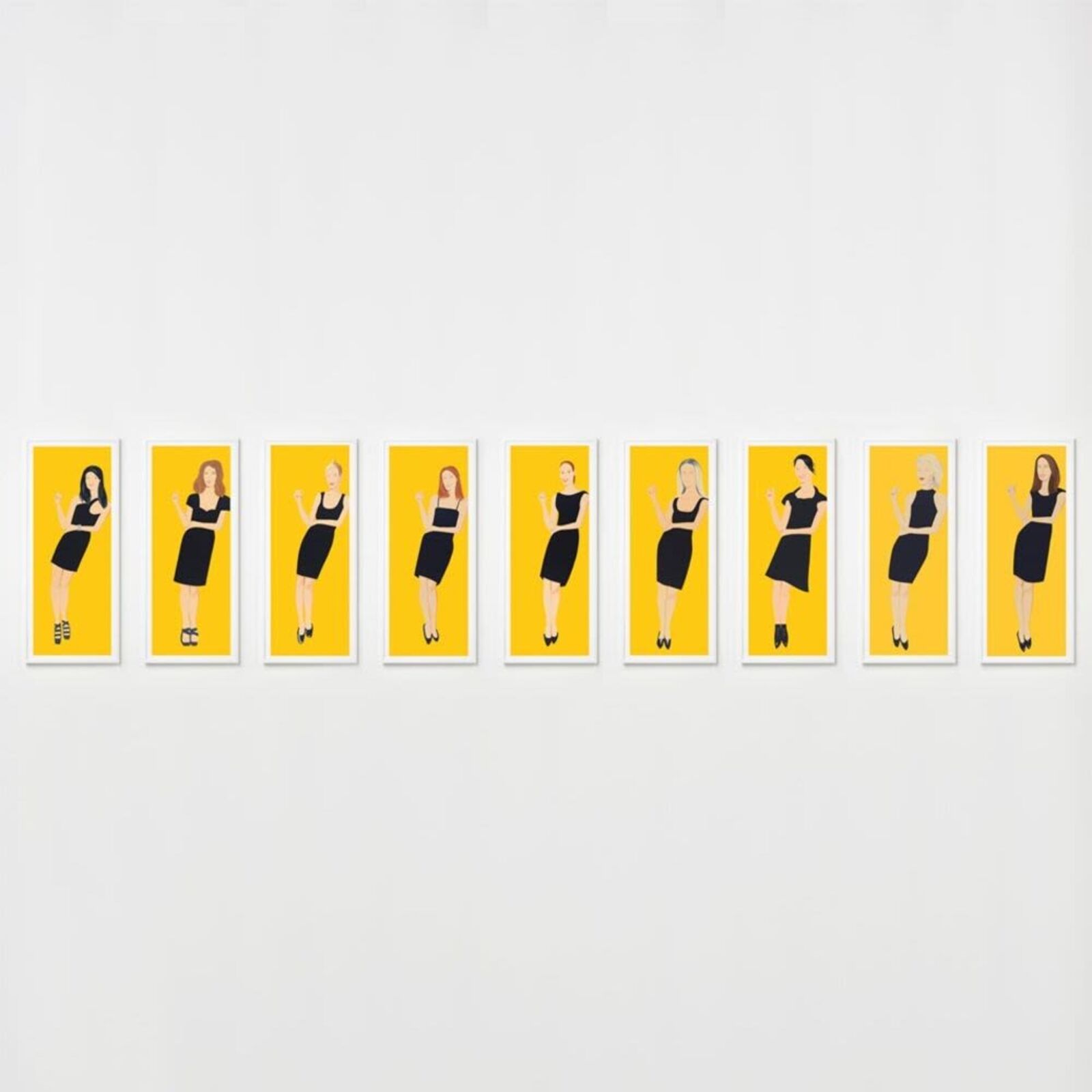 A painting of a woman in a black dress on a yellow background.