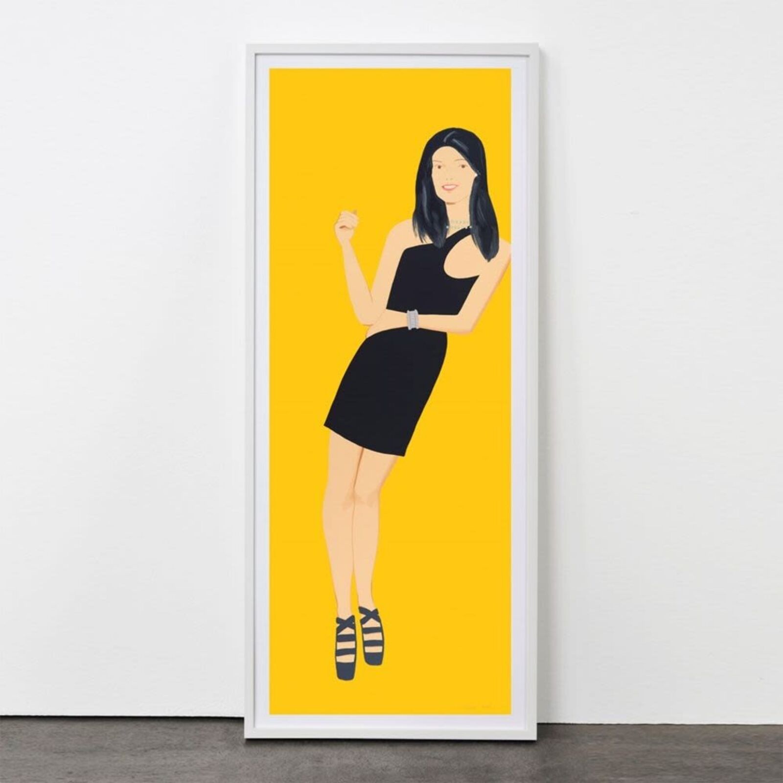 A painting of a woman in a black dress on a yellow background.