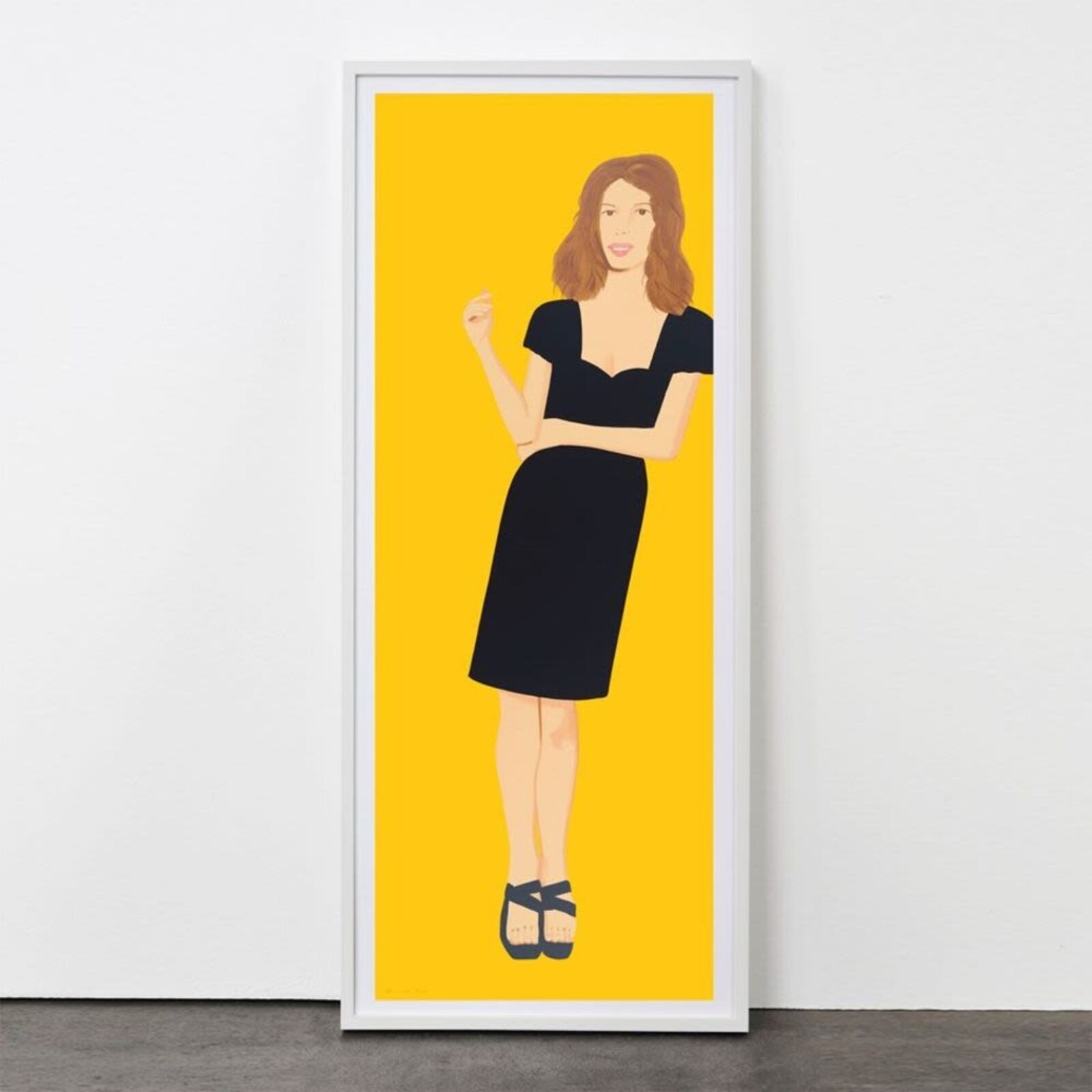 A painting of a woman in a black dress on a yellow background.