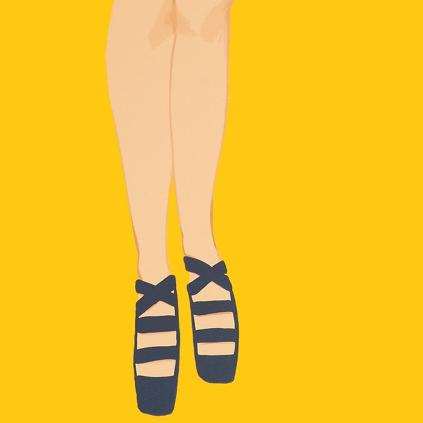 A picture of a woman in a black dress on a yellow background.