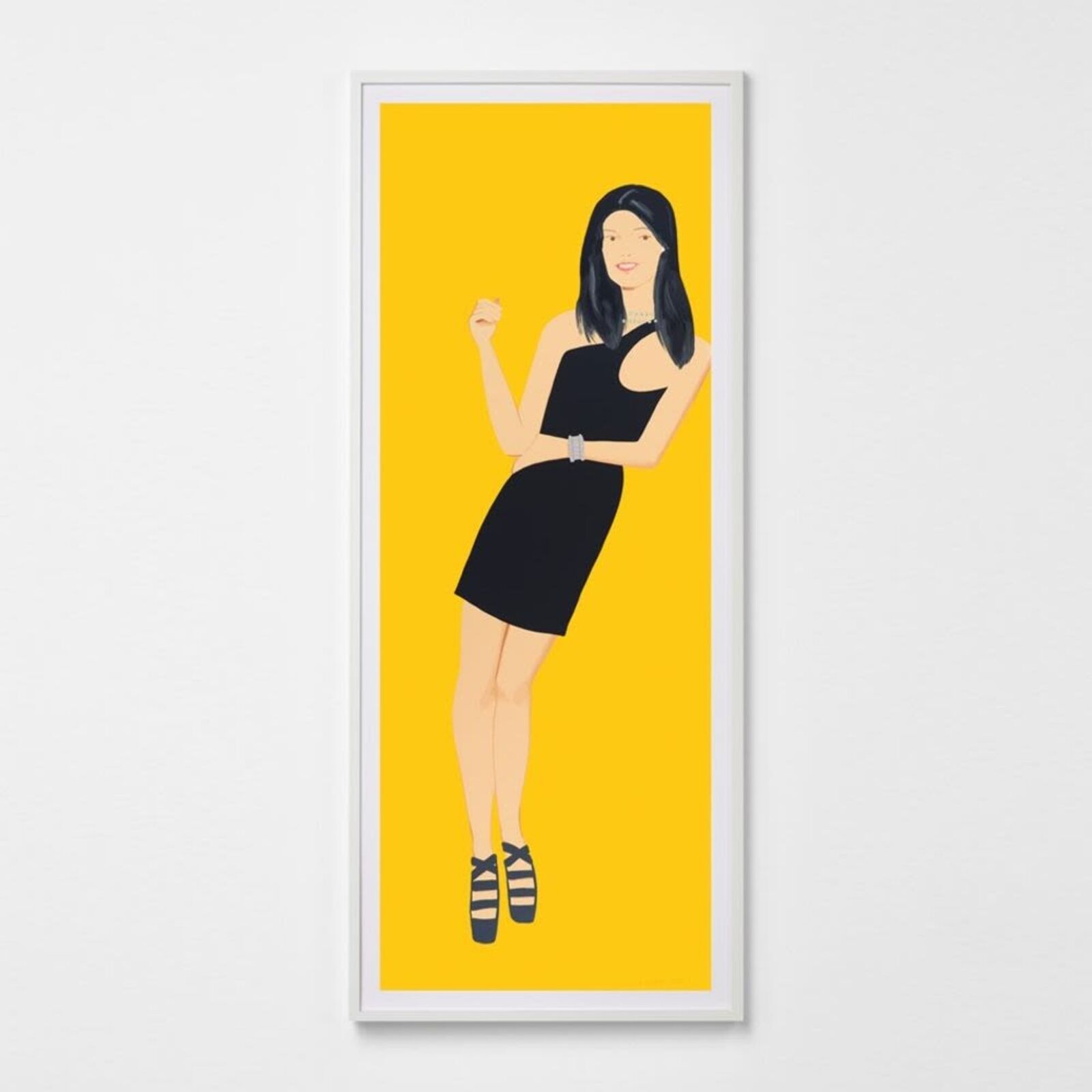A picture of a woman in a black dress on a yellow background.