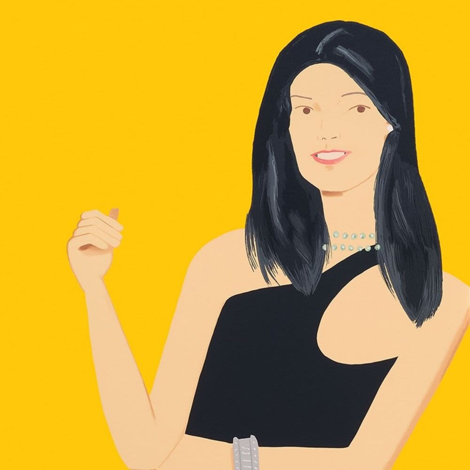 A picture of a woman in a black dress on a yellow background.