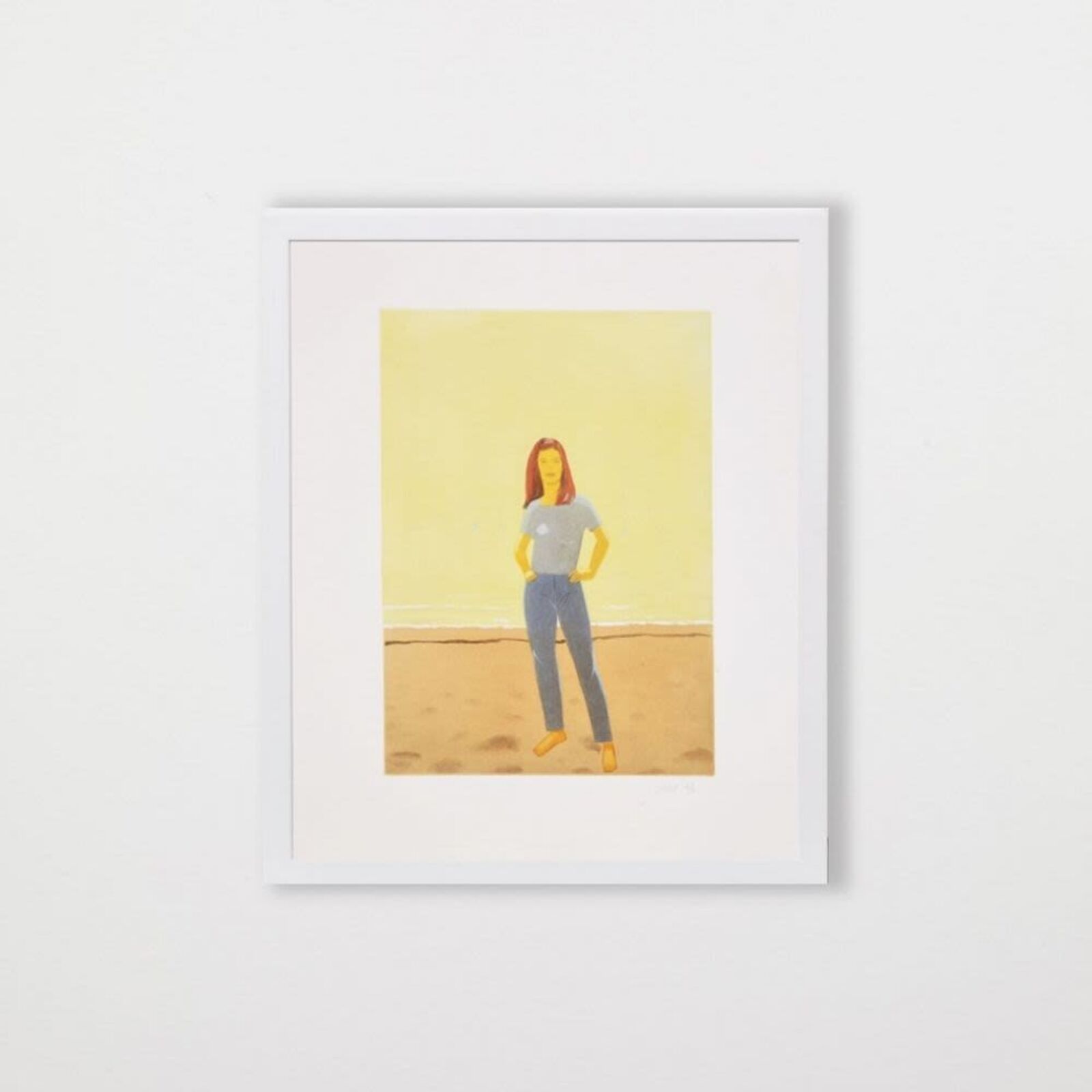 A woman standing in front of a painting on a wall.