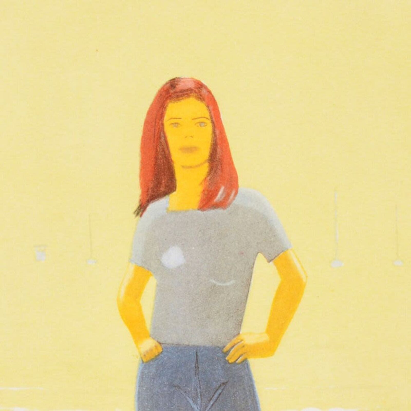 A woman standing in front of a painting on a wall.