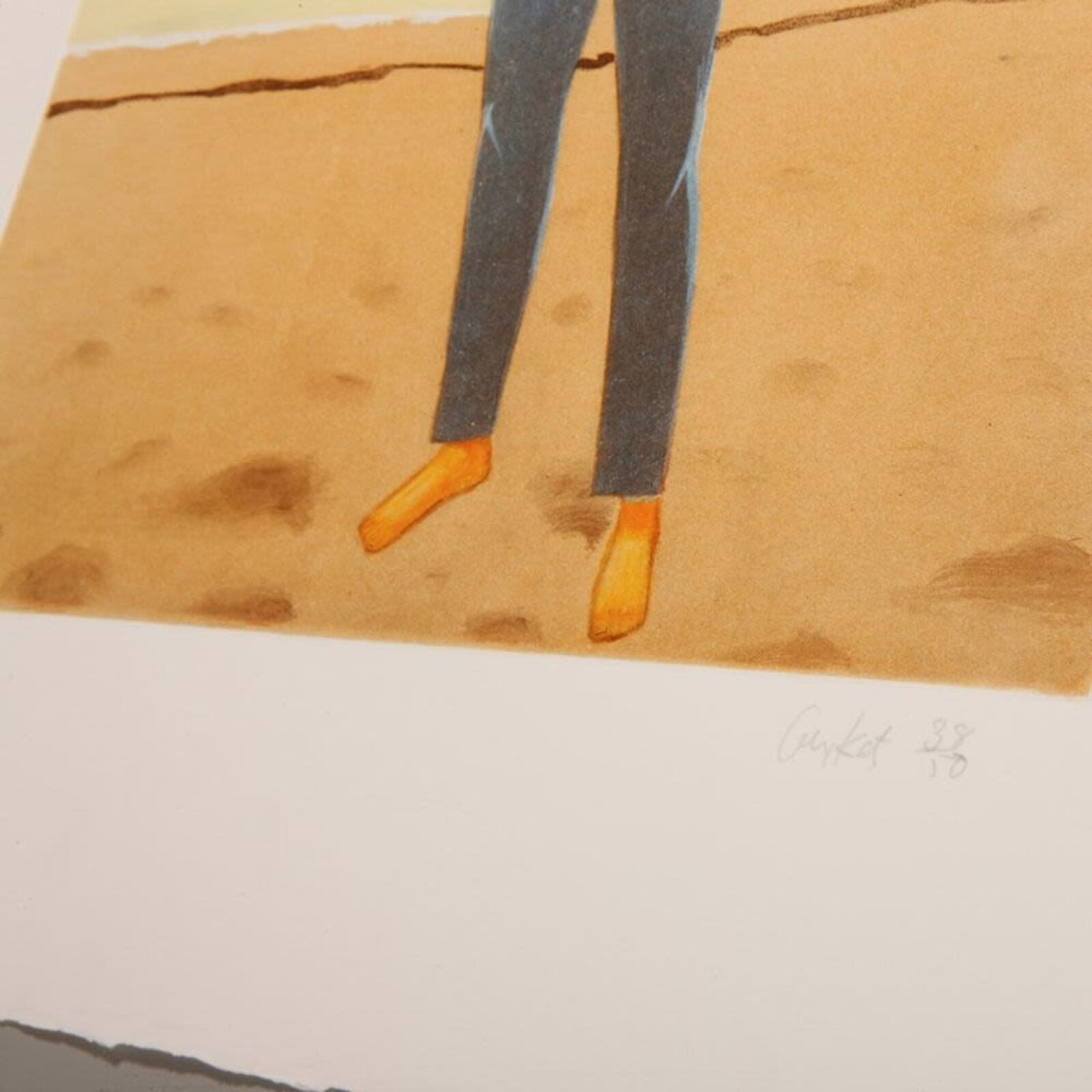 A woman standing in front of a painting on a wall.