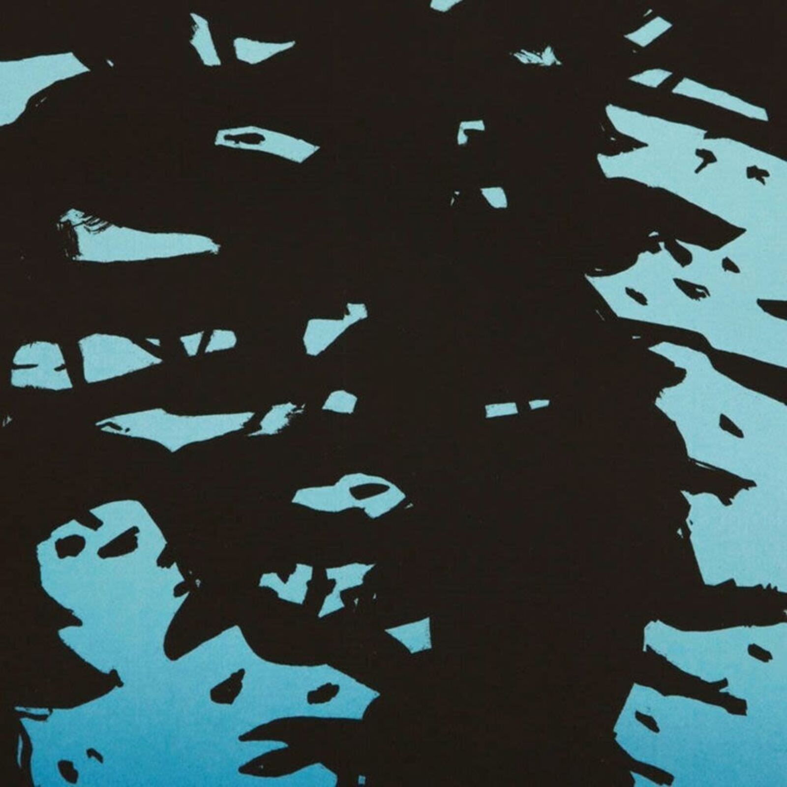 A black and blue print hanging on a wall.