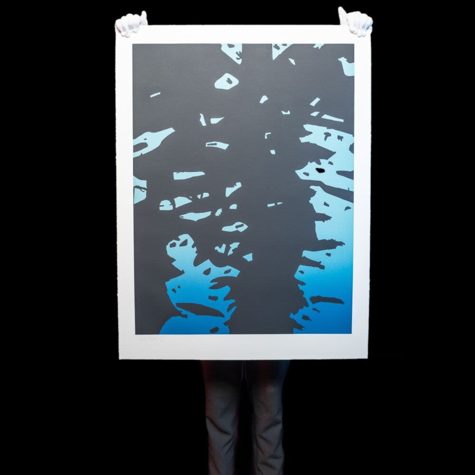 A black and blue print hanging on a wall.