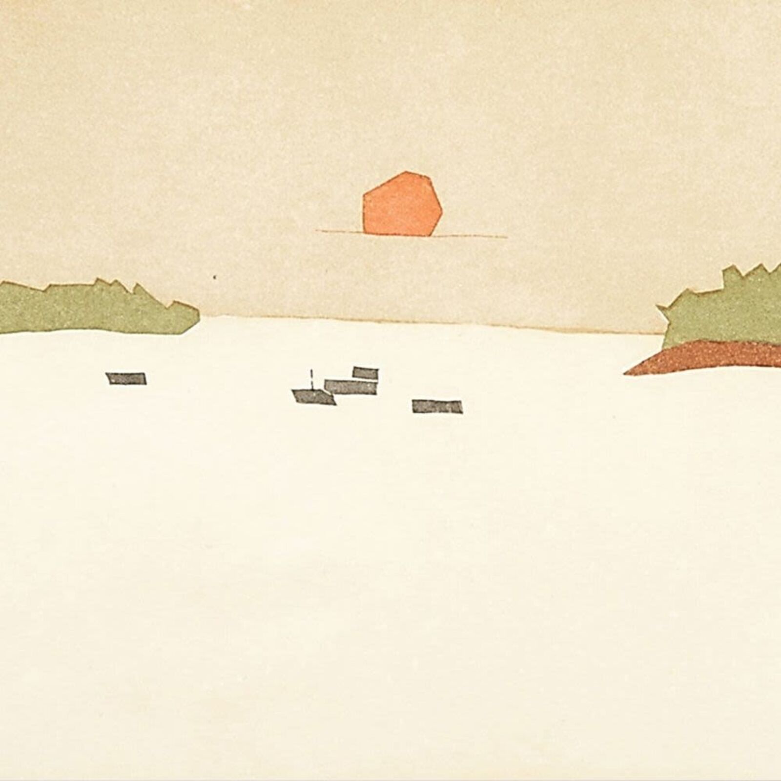 A picture of a painting of a sunset over a body of water.