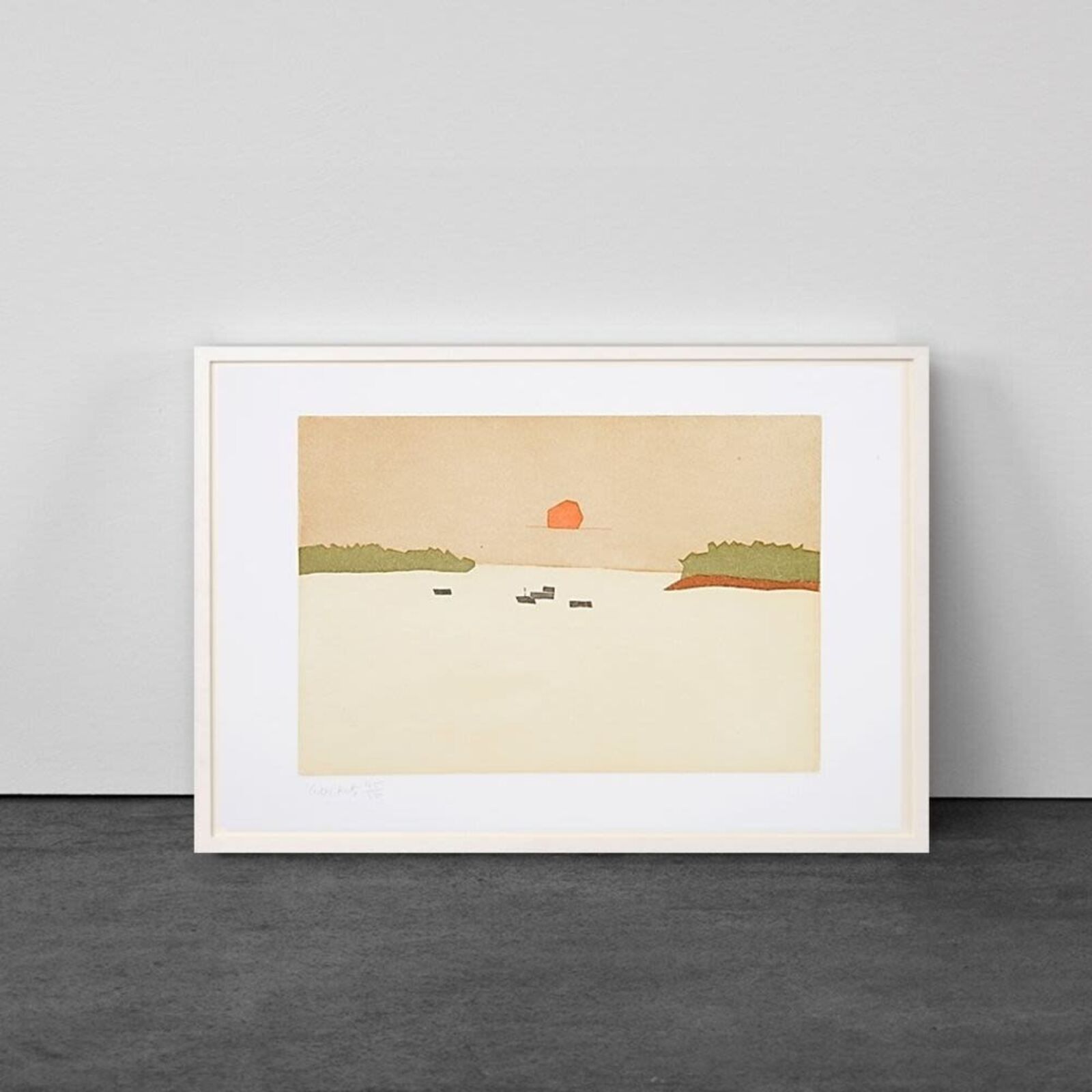 A picture of a painting of a sunset over a body of water.