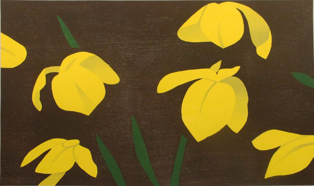 A painting of yellow flowers on a brown background.