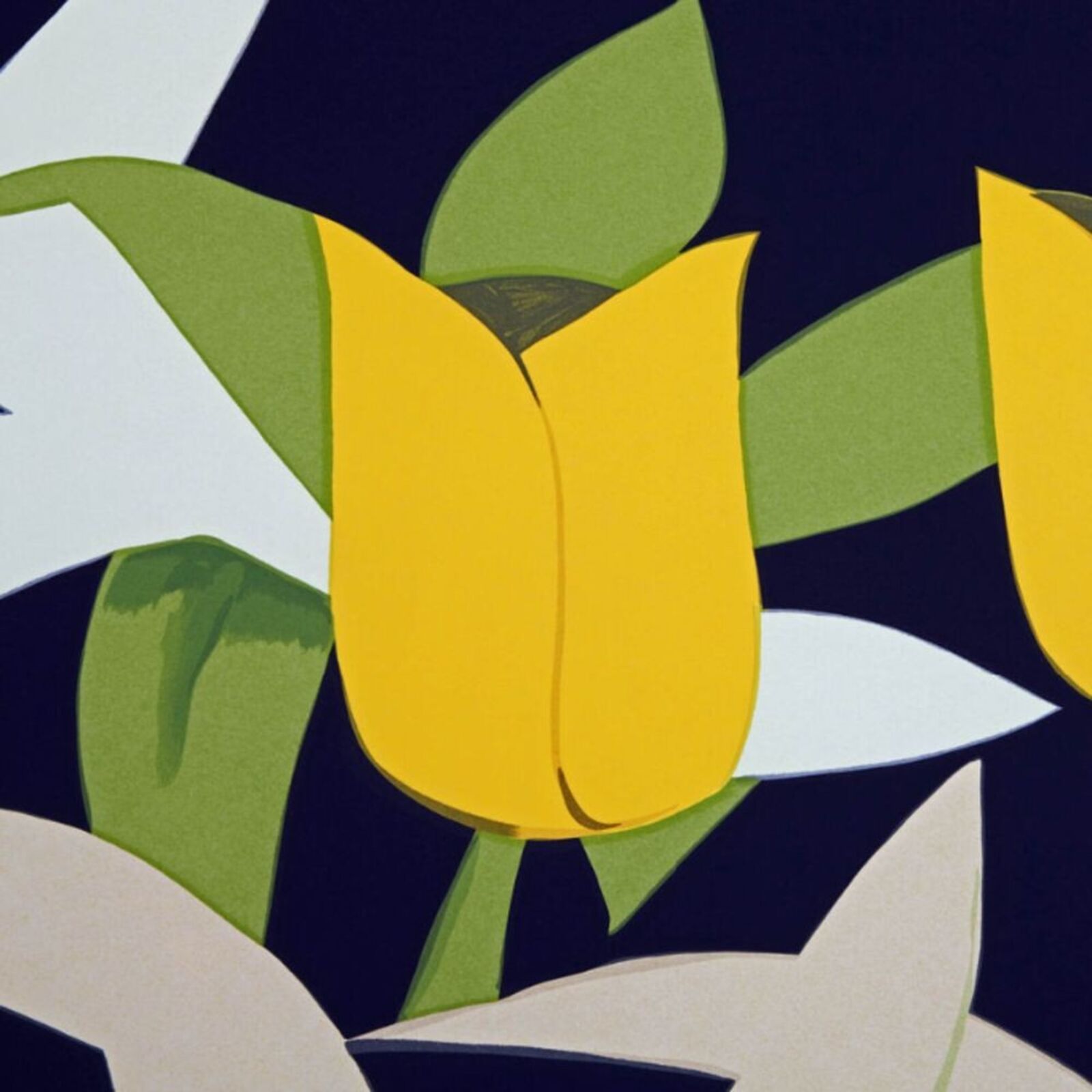 A painting of yellow tulips on a black background.